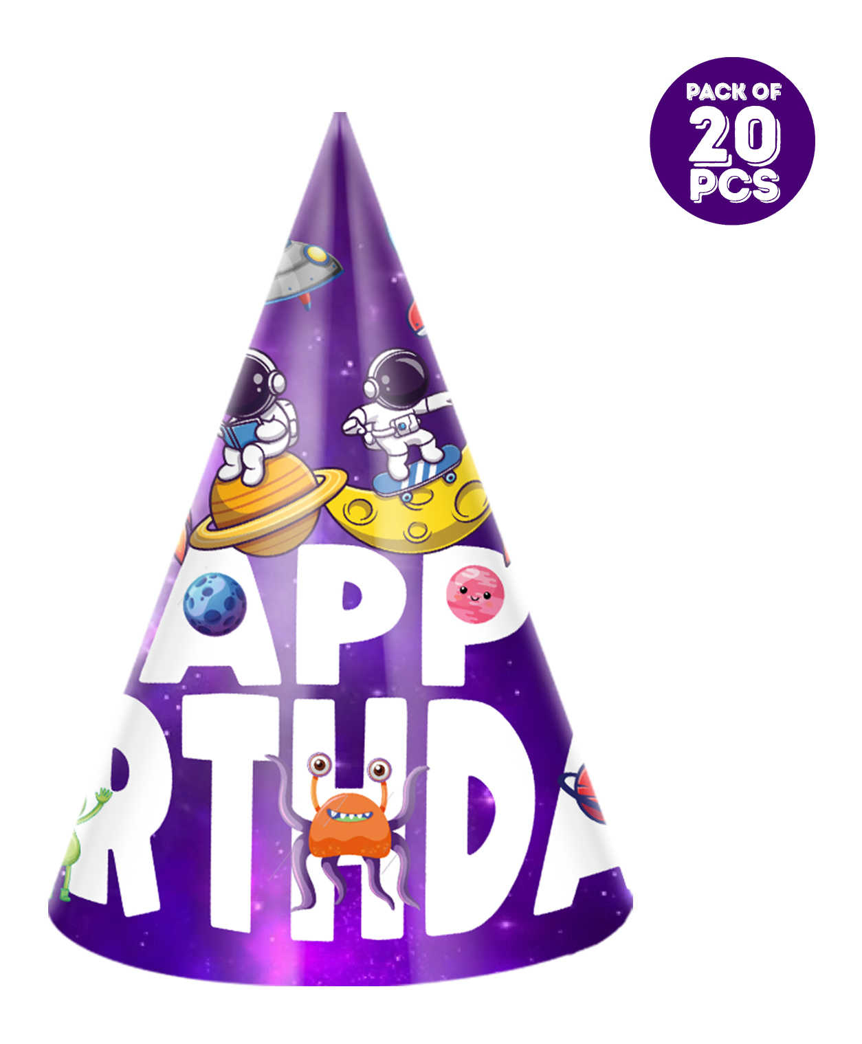 Zyozi Space Theme Birthday Party Hats Happy Birthday Cone Party Hats for Kids Purple - Pack of 20-image-29