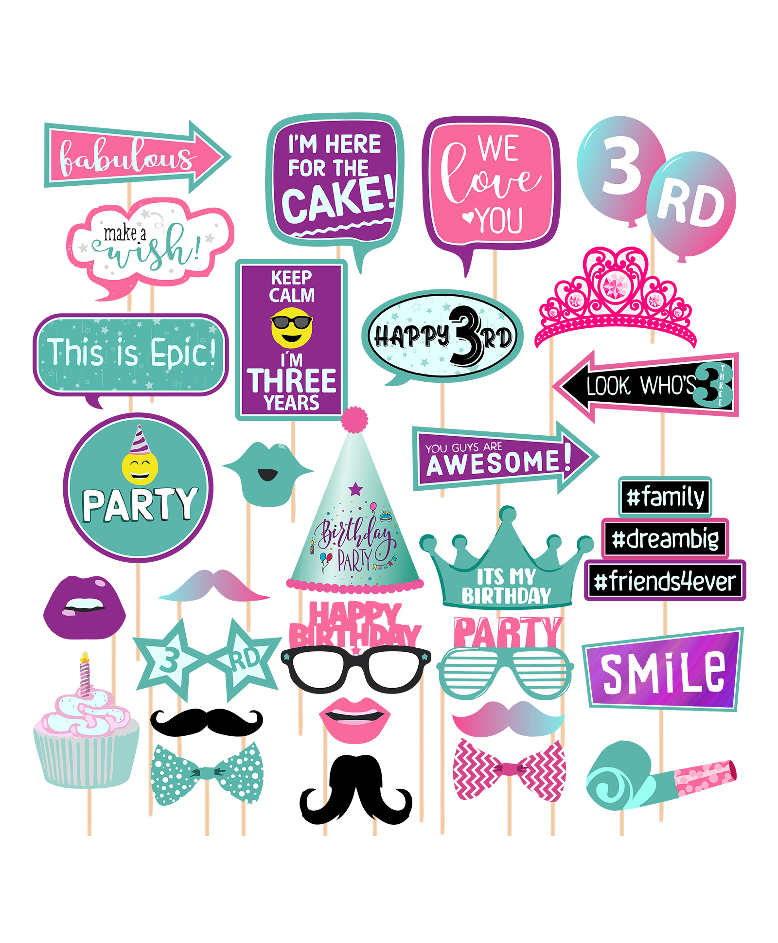 Zyozi 3rd Birthday Photo Booth Props Kit Multi Colour - Pack of 30-picture-18