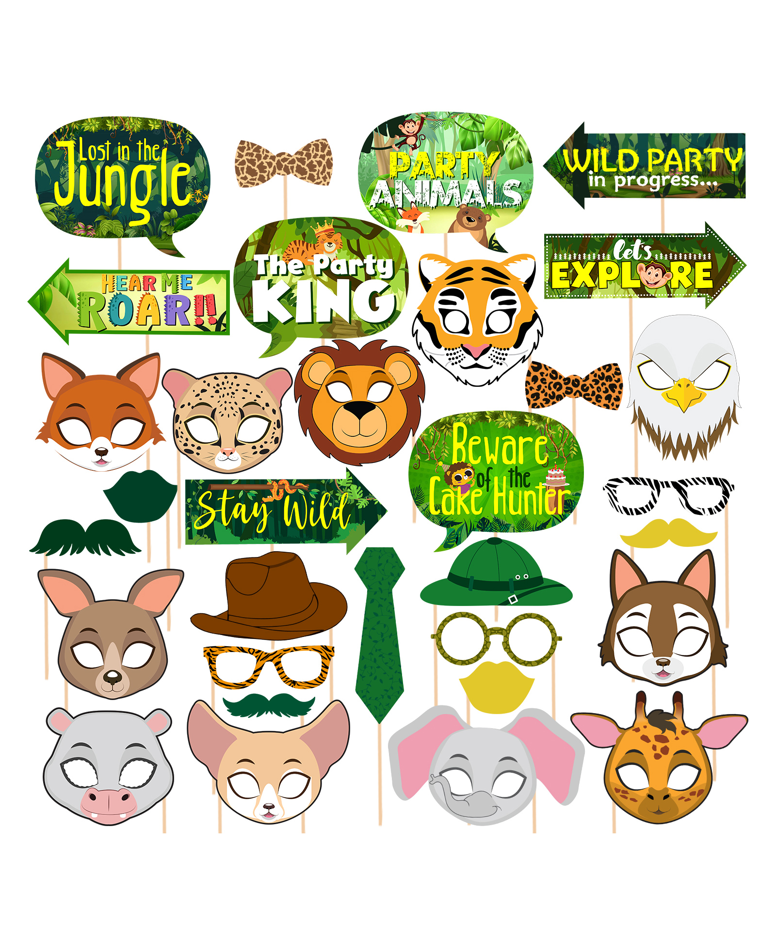 Zyozi Wild Animals Forest Themed Photo Booth Party Props Kit Green - Pack of 32-image-29