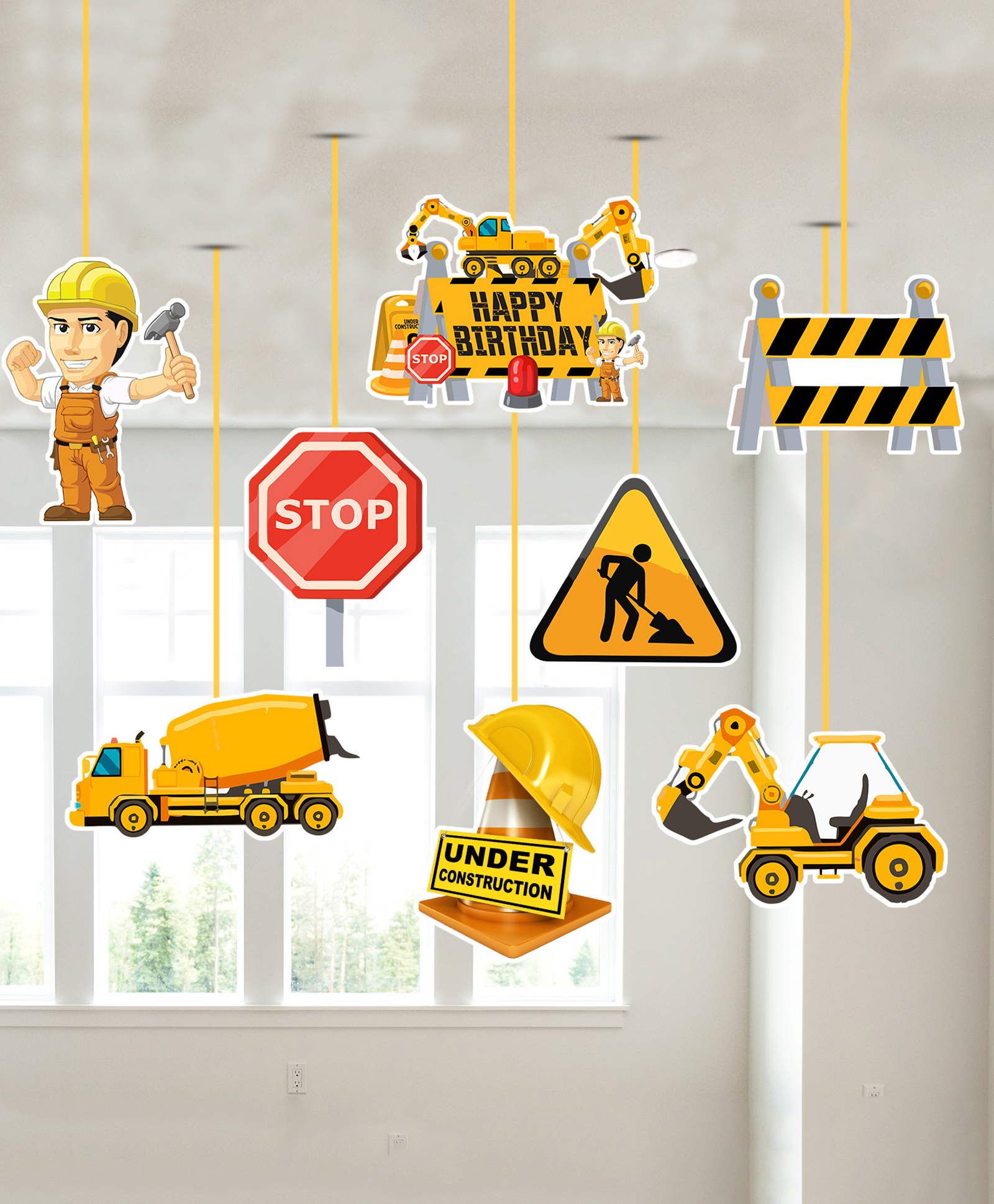 Zyozi Under Construction Theme Birthday Ceiling Hanging Streamers Yellow - Pack of 8-image-19