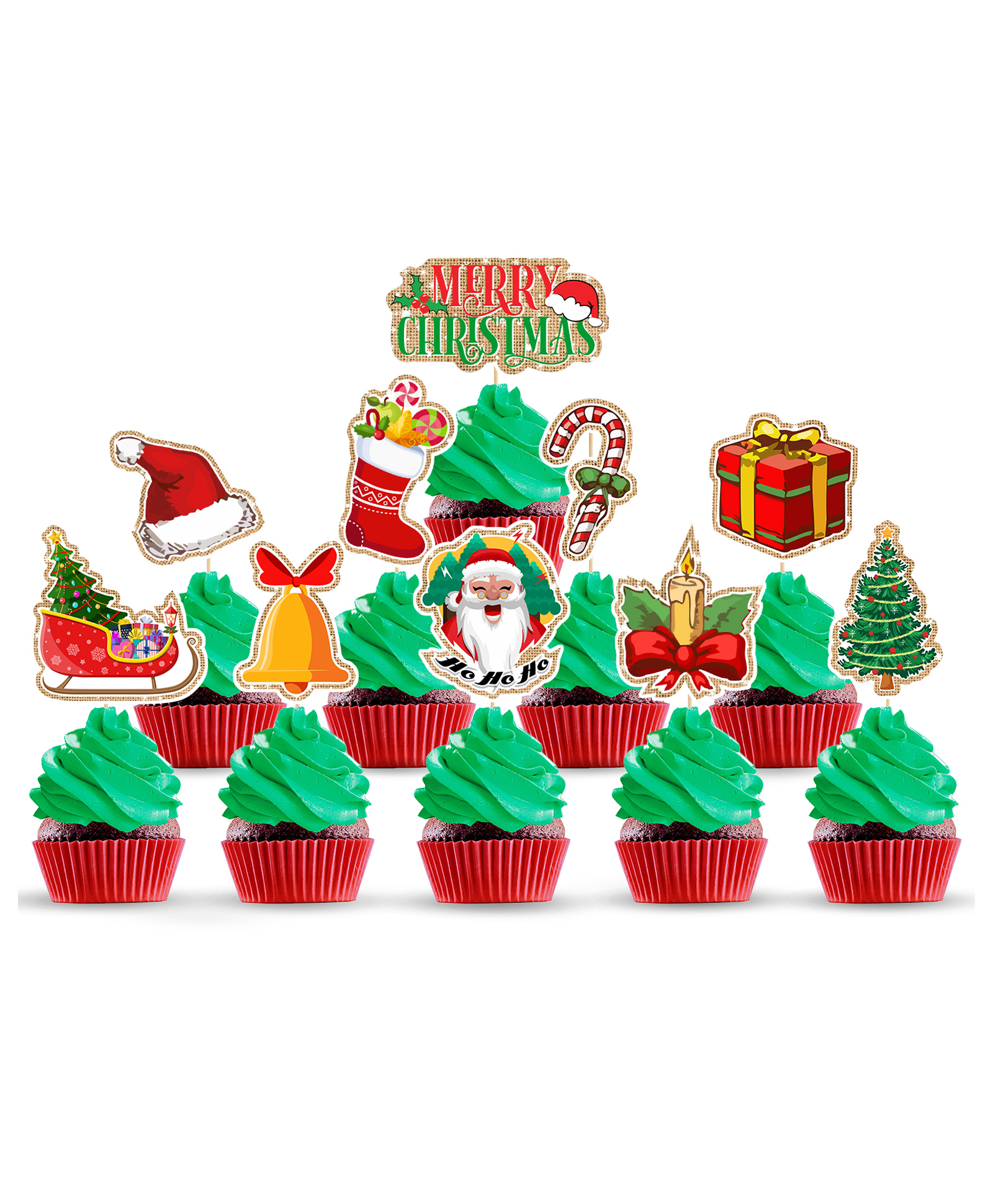 Zyozi Merry Christmas Cake Toppers Xmas Cupcake Topper Picks for Christmas Party Cake Decoration Red Green - Pack of 10-image-27