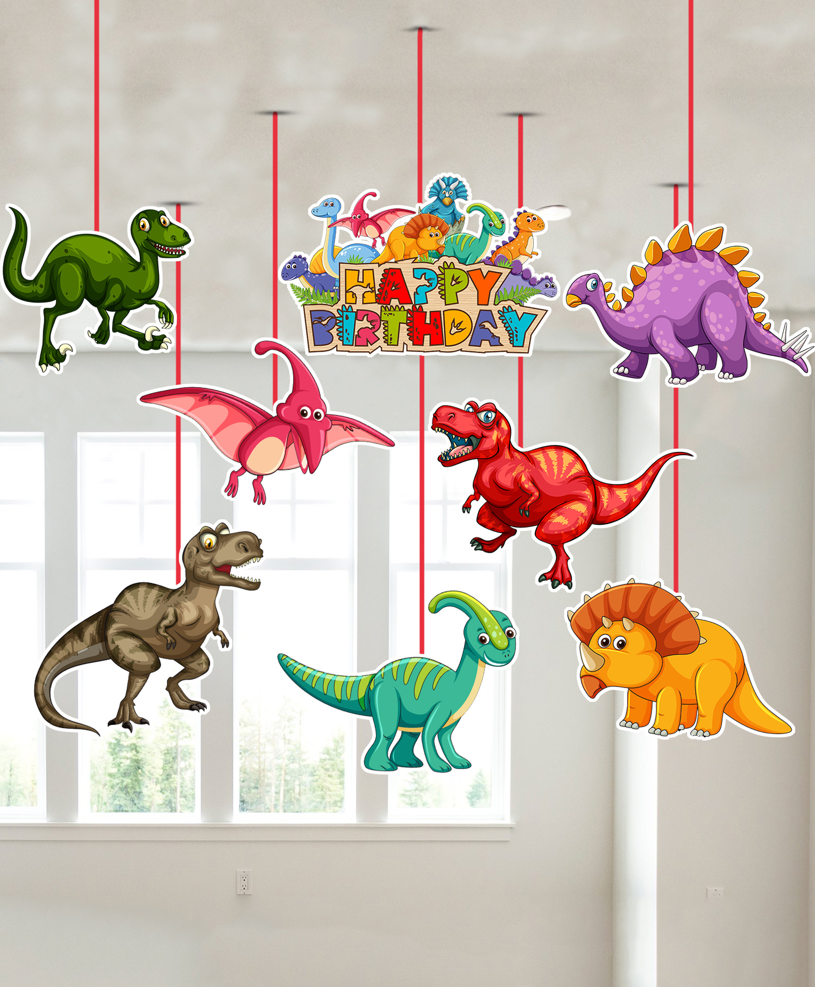 Zyozi Dinosaur Theme Birthday Ceiling Hanging Streamers MultiColor - Pack of 8