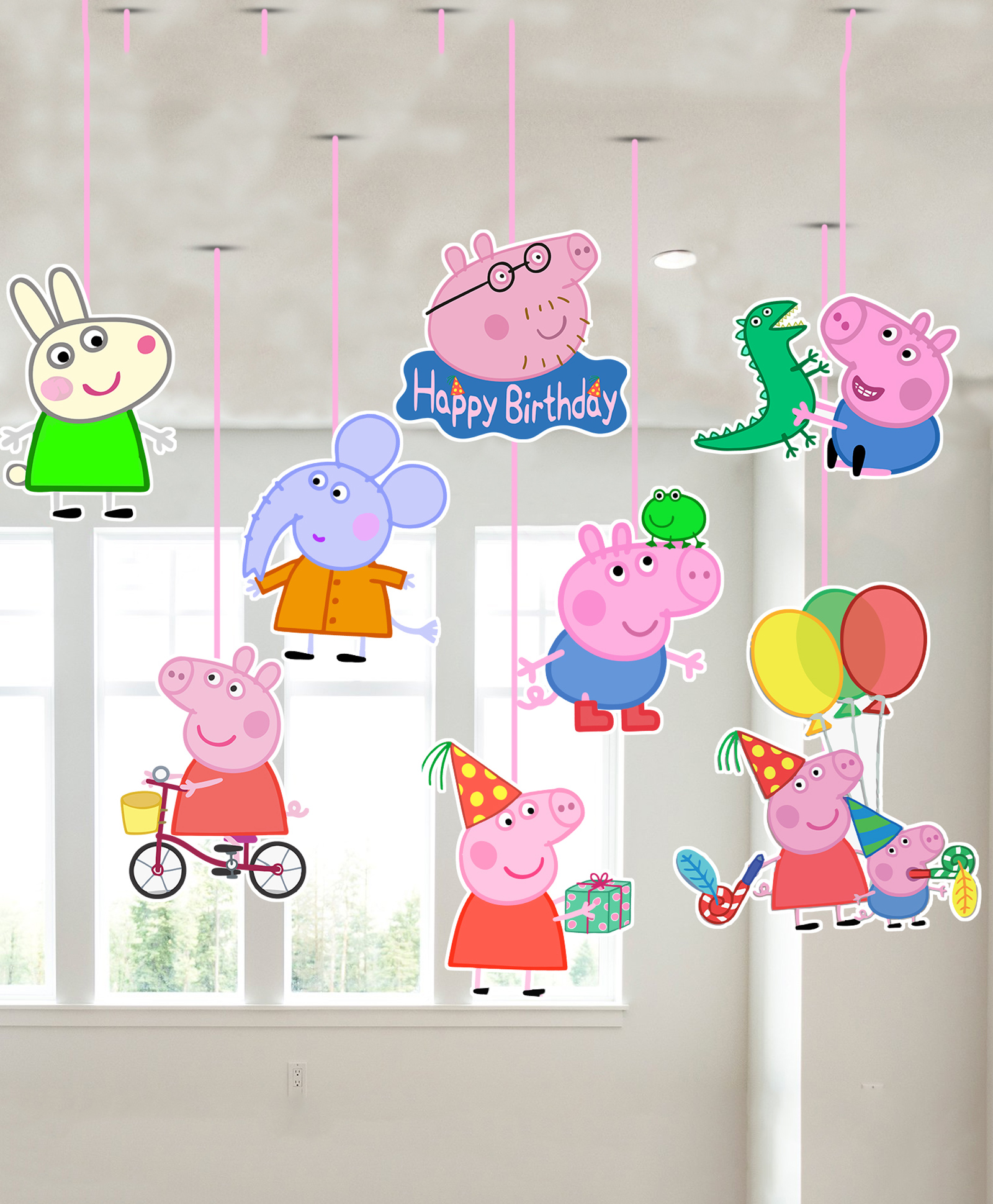 Zyozi Peppa Pig Theme Birthday Ceiling Hanging Streamers Kids Theme Multi Colour - Pack of 8