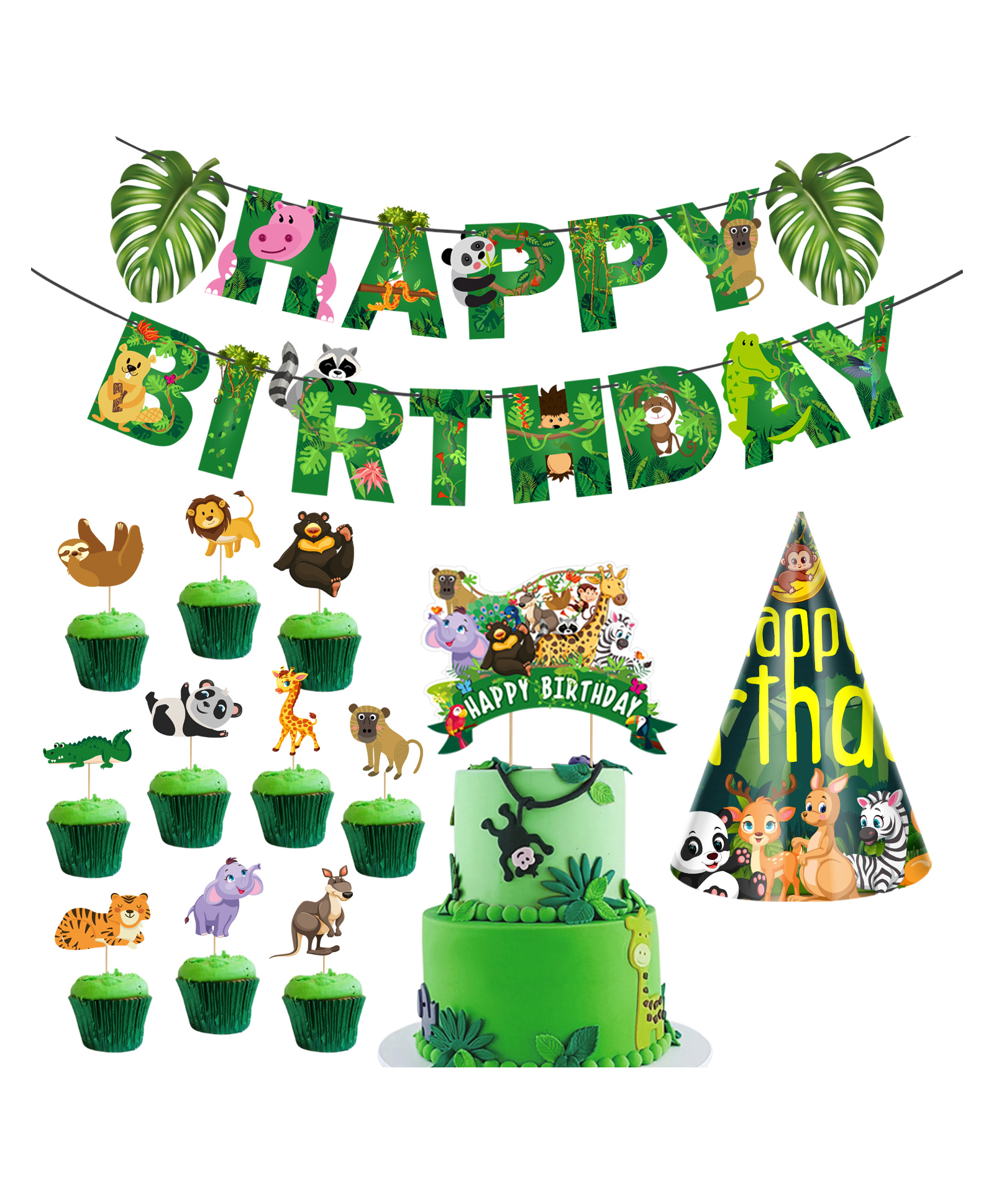 Zyozi Jungle Safari Happy Birthday Decoration Kits Yellow & Green - Pack of 13-image-34