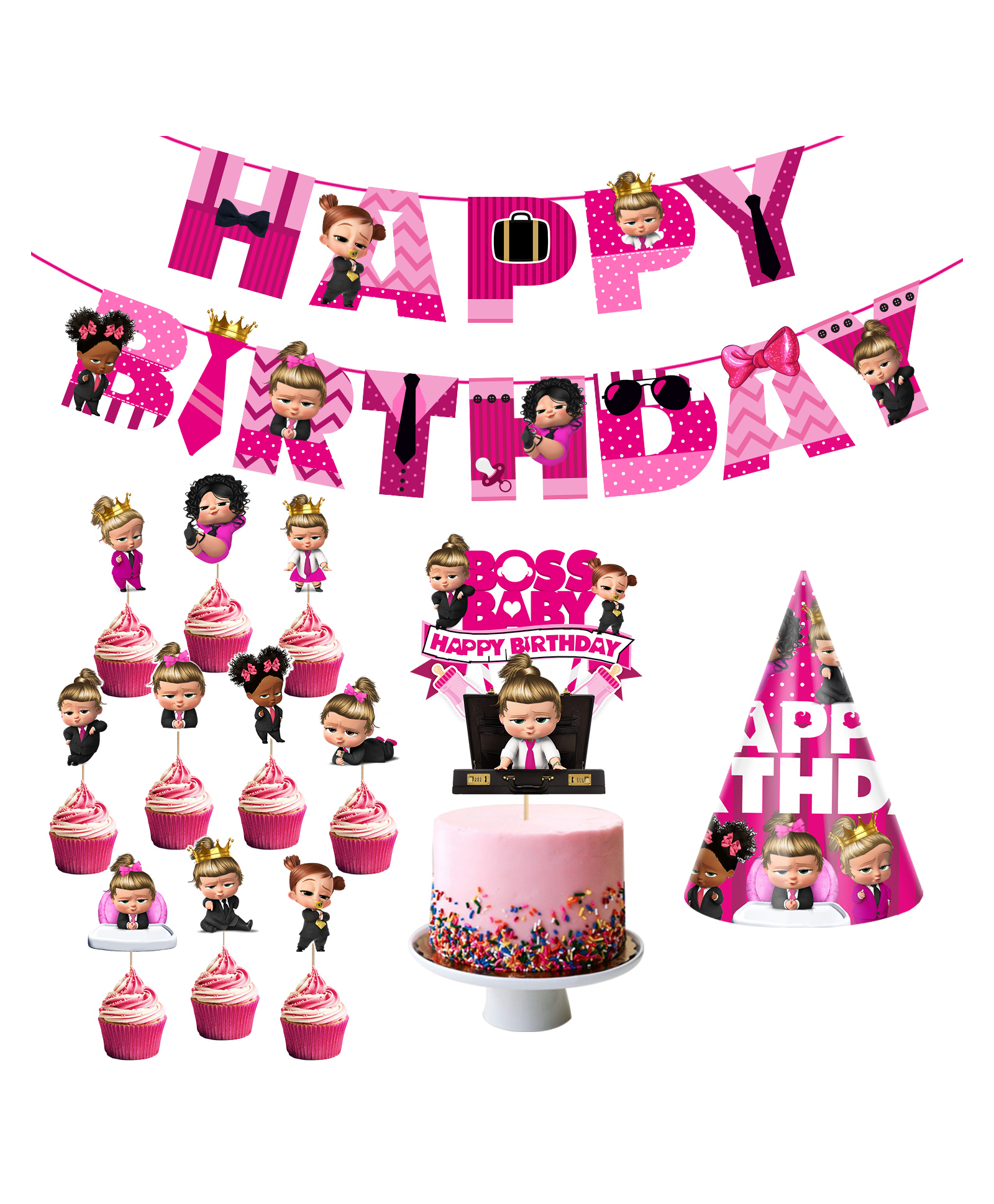 Zyozi Baby Girls Boss Happy Birthday Theme Party Supplies Pink - Pack of 13-picture-32