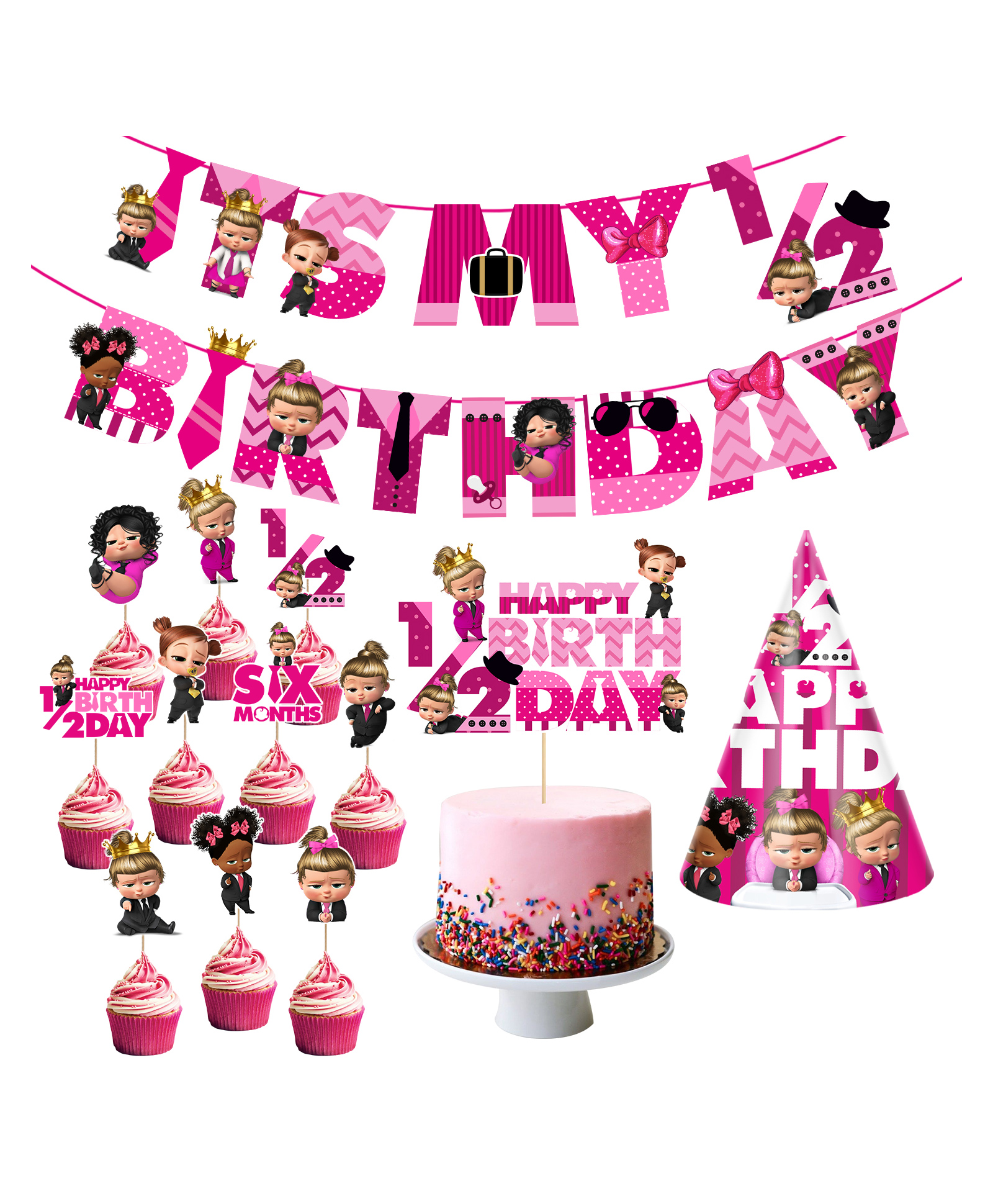 Zyozi Baby Girls Boss Half Birthday Theme Party Supplies Pink - Pack of 13-picture-30