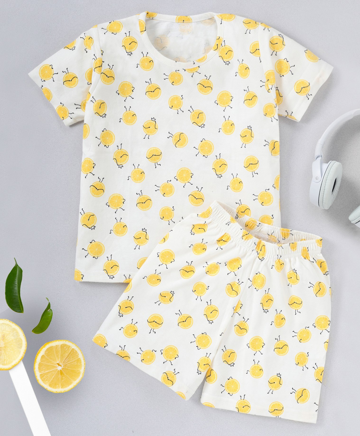 Funkrafts Half Sleeves Lemon Print Night Suit Shorts Set - Off White & Yellow-picture-22