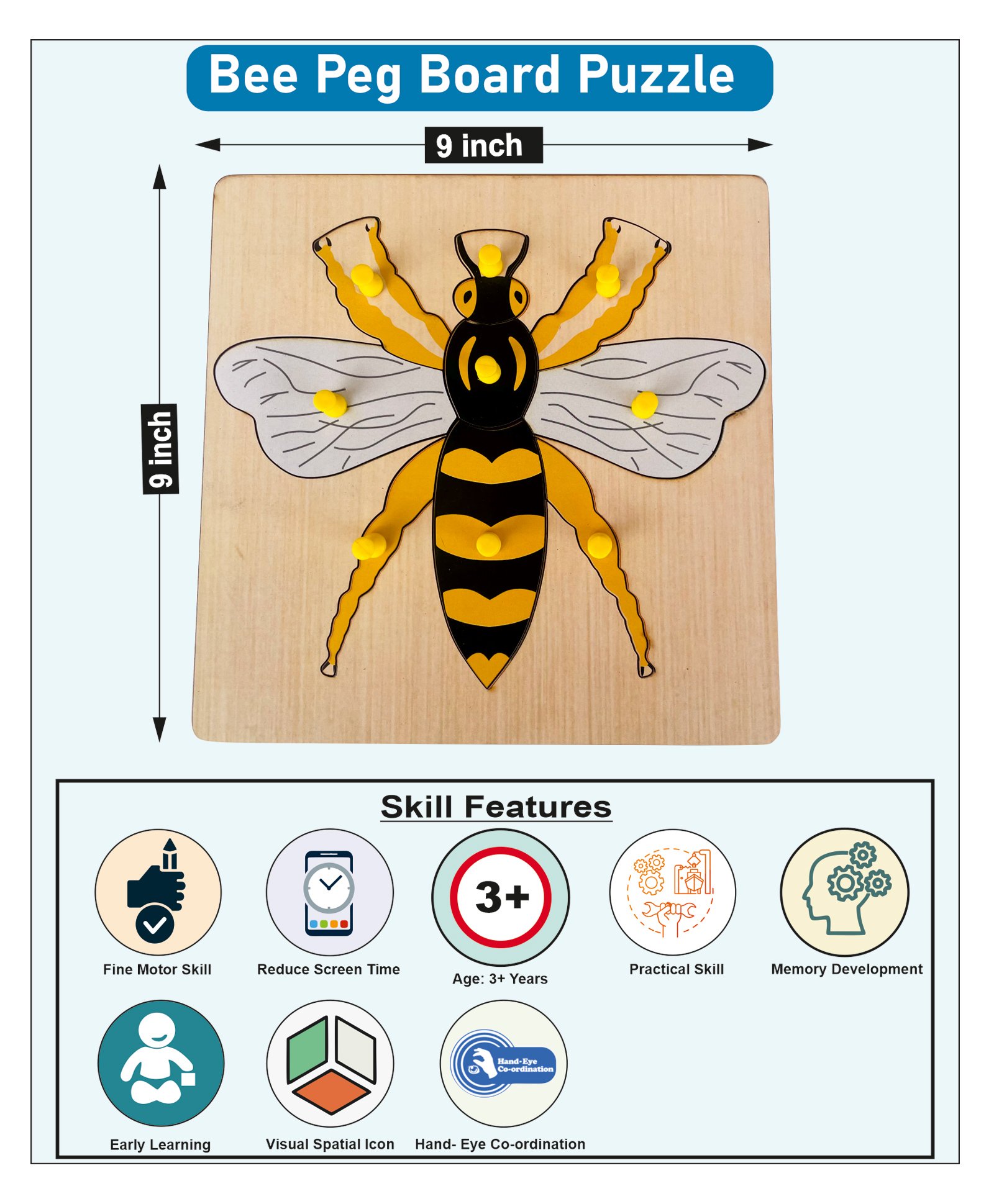 WISSEN Wooden Bee parts peg board puzzle for kids - 9 Pieces-picture-37