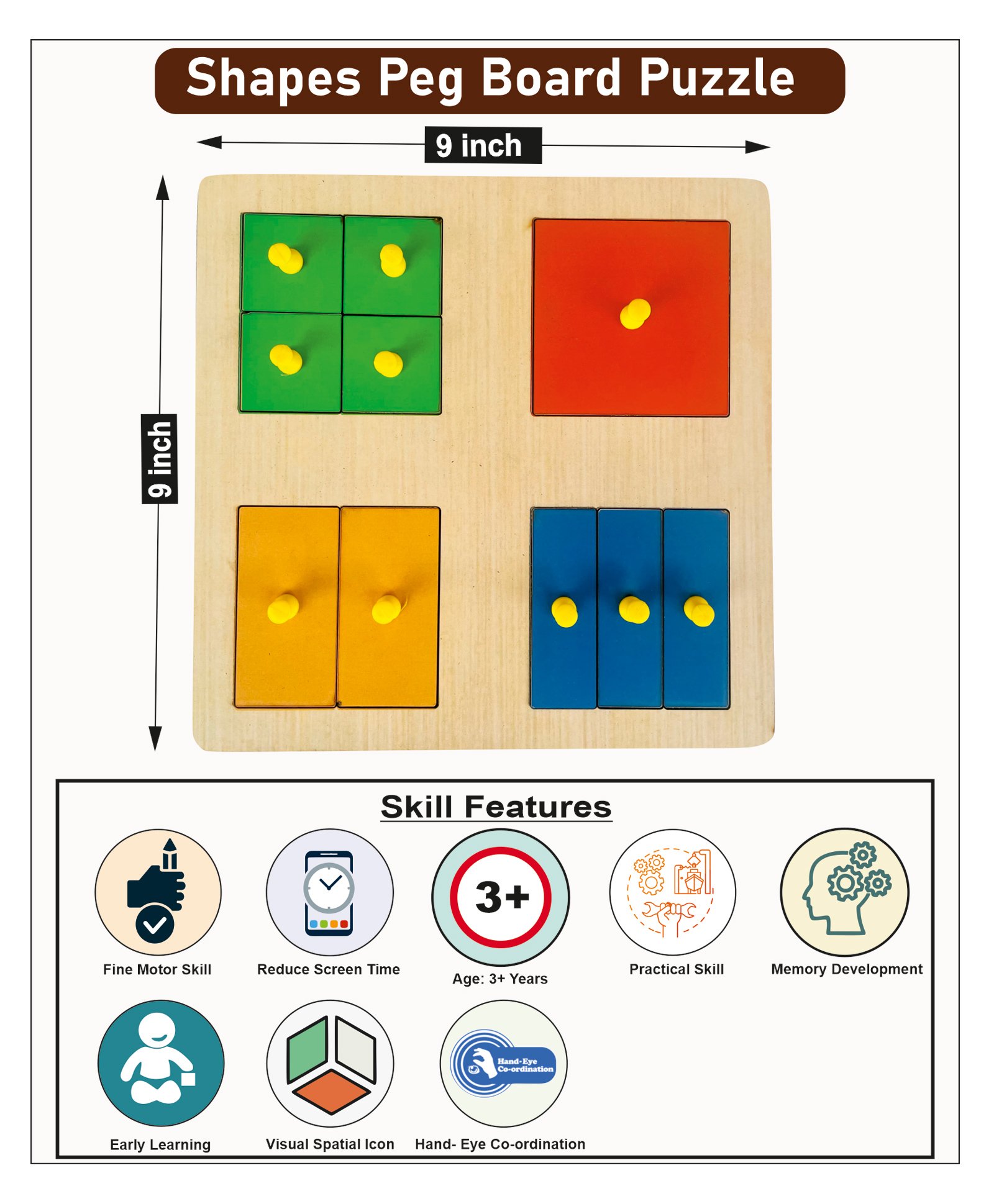 Wissen Wooden Shape fractions peg board puzzle for kids- Multicolor-picture-39