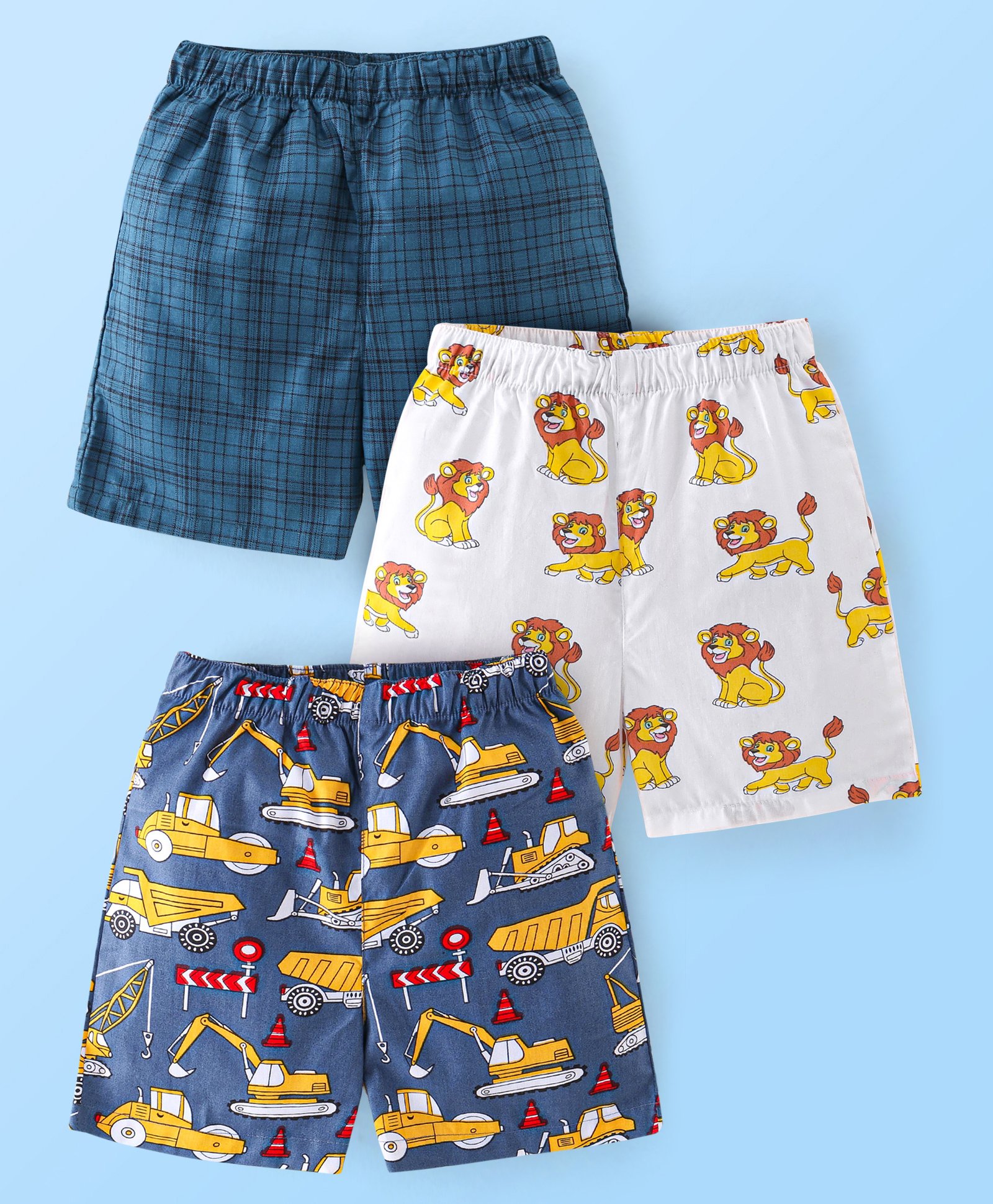 Babyhug Cotton Woven Boxers Print Lion & Text Print Pack of 3 - White & Blue-picture-42