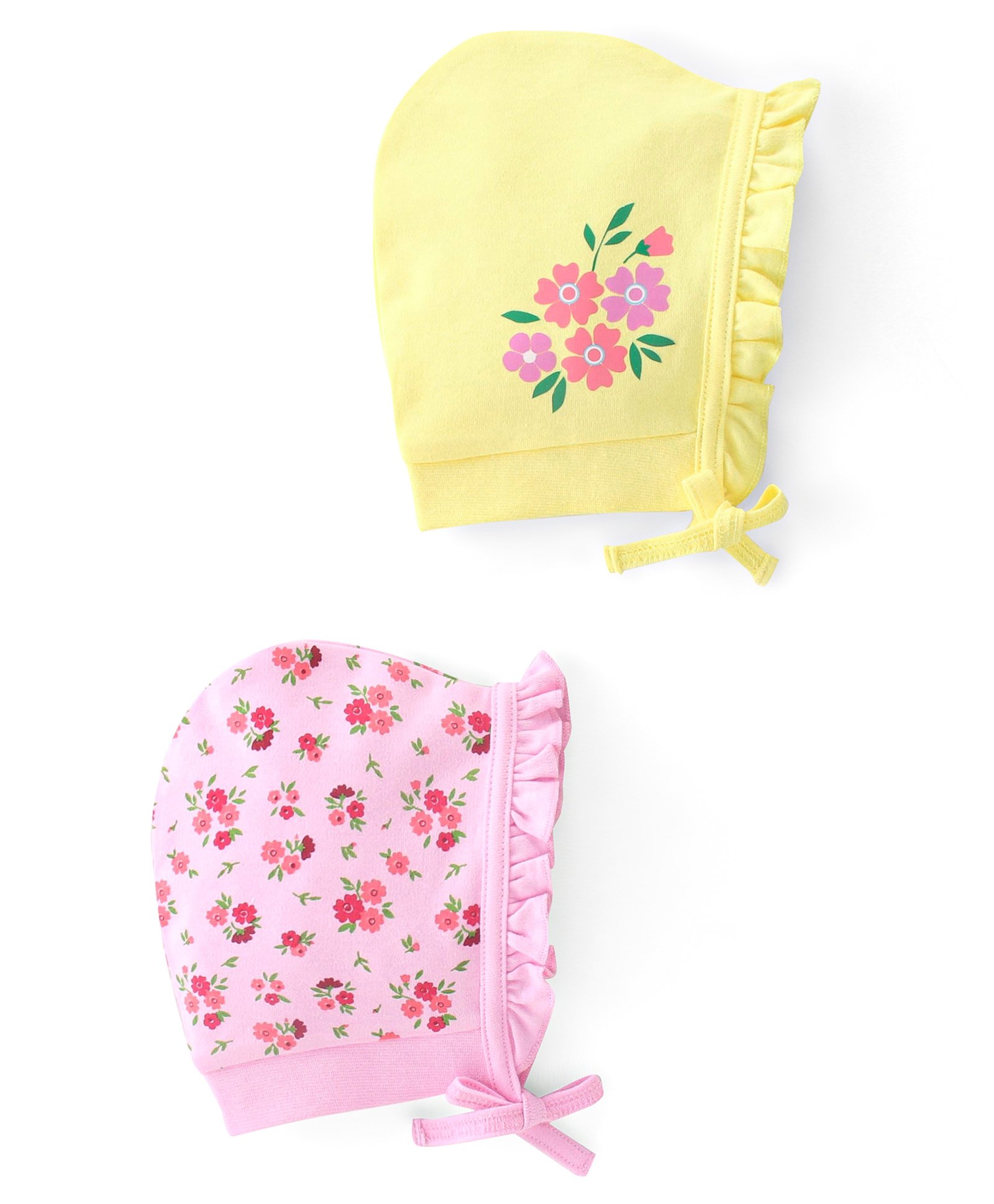 Babyhug 100% Cotton Cap With Tie Knot Floral Print Pack Of 2- Yellow & Pink-picture-17
