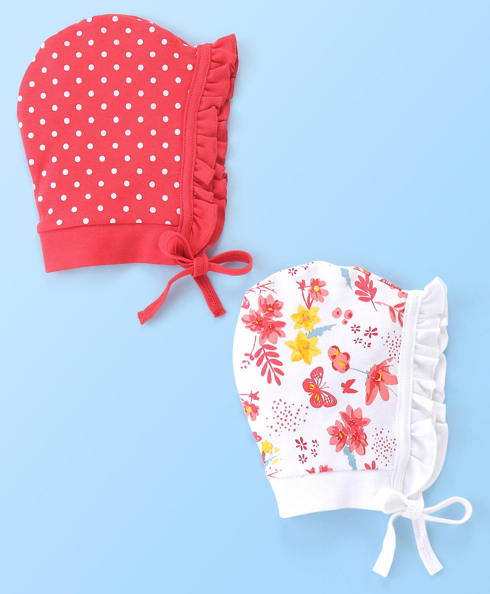 Babyhug 100% Cotton Tie Knot Caps Polka Dots & Butterfly Printed - White & Pink-picture-20
