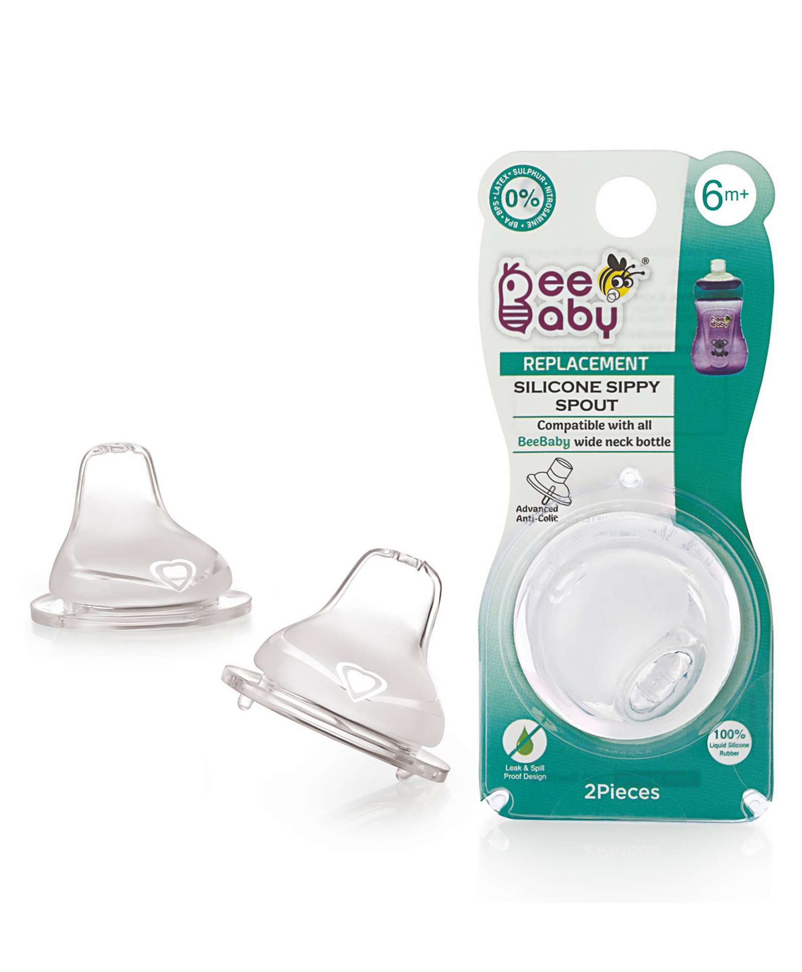BeeBaby Replacement Anti-Colic Soft Silicone Sippy Spout Nipple with Storage Case - Pack of 2