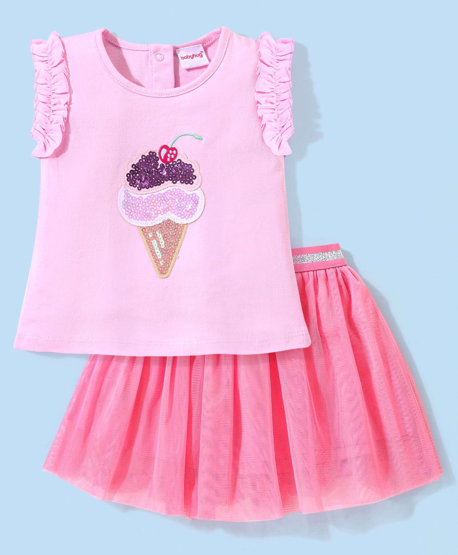 Babyhug 100% Cotton Knit Sleeveless Top & Skirt Set with Ice Cream Sequin Patch  - Pink-image-18