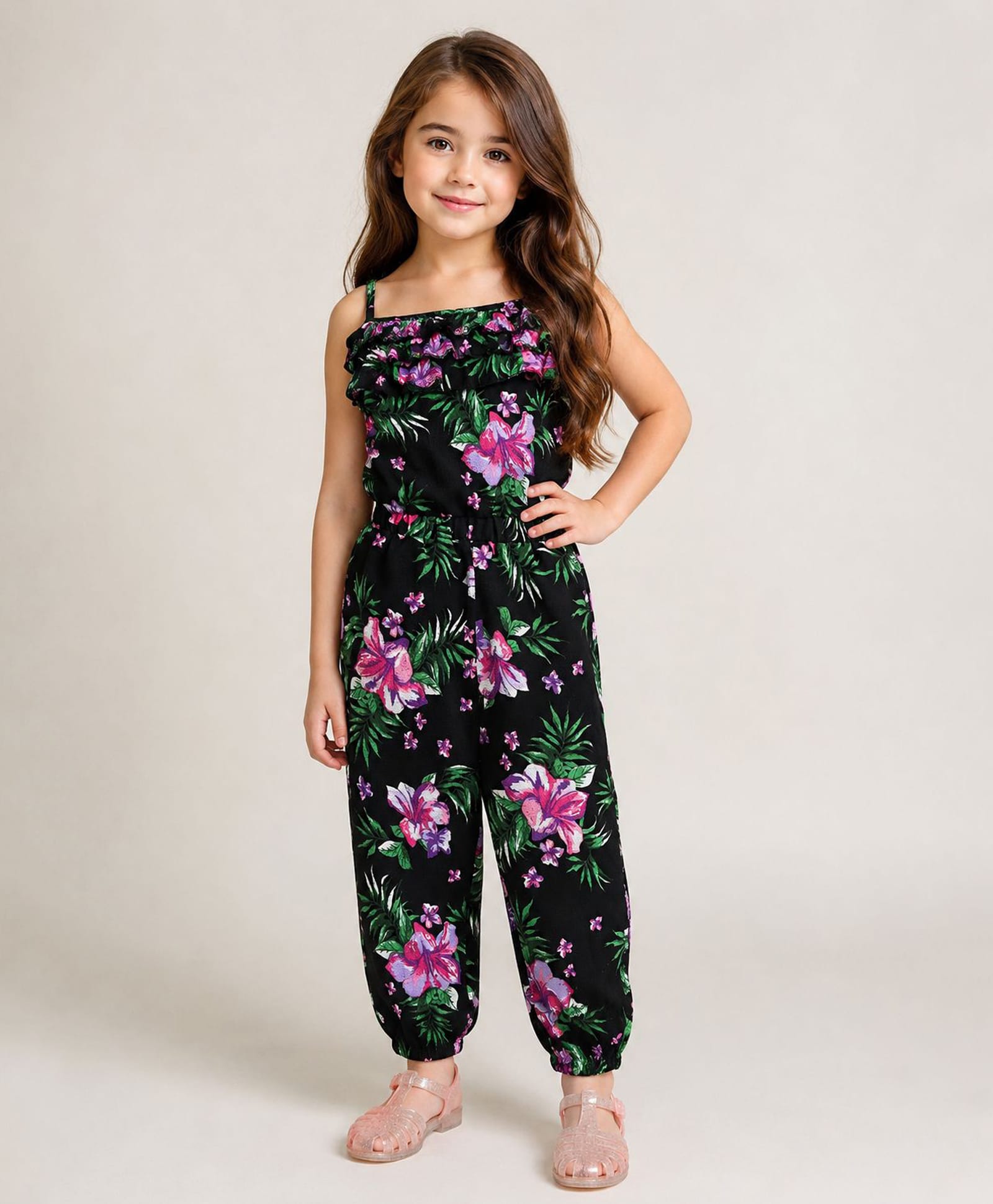 Little Marine Sleeveless Floral Printed Ruffle Jumpsuit - Black-picture-28