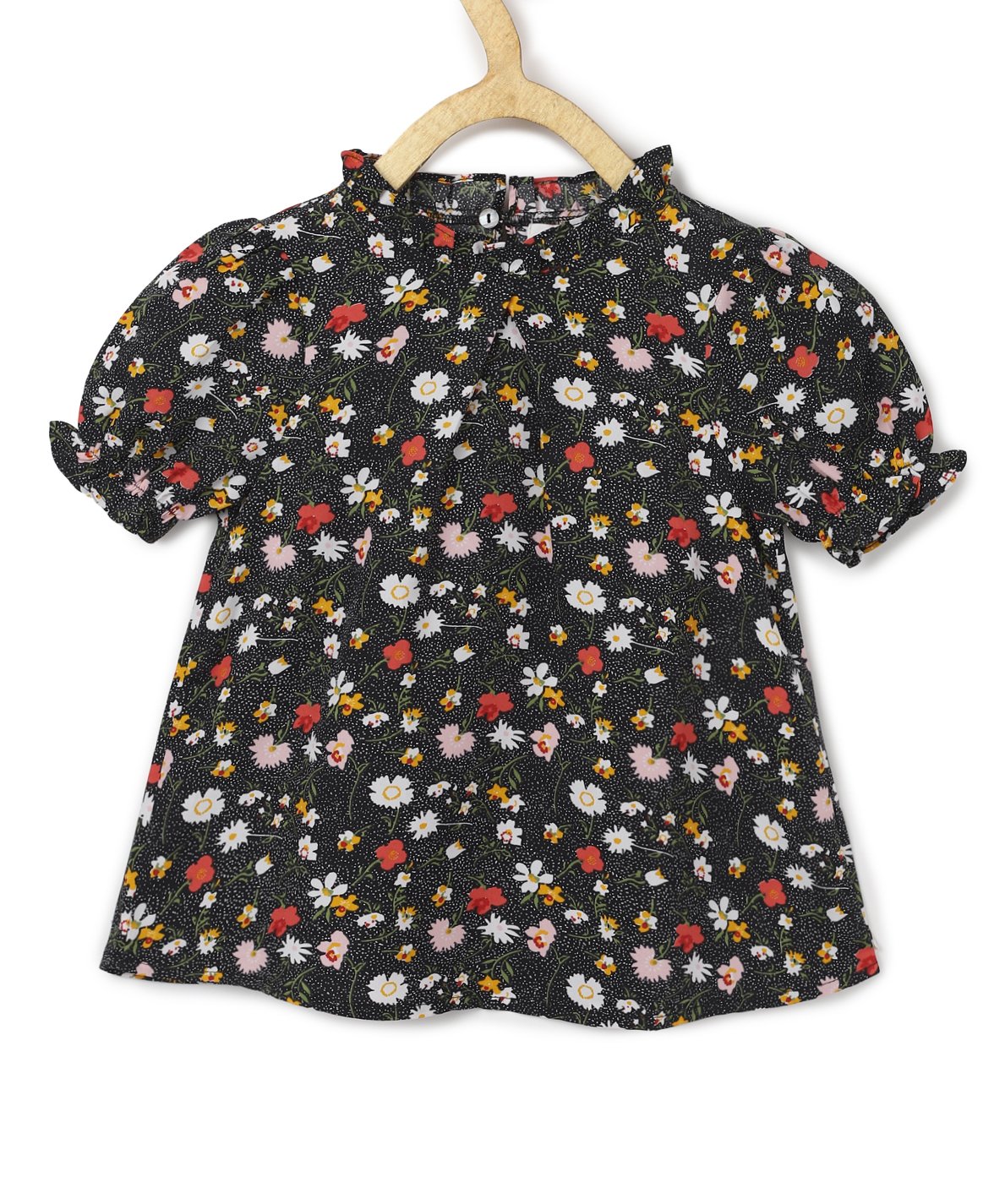 Chuppan Chupai Puffed Half Sleeves Seamless Botanical Flowers Printed Flared Top - Black-picture-5