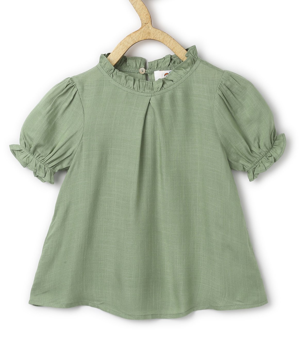 Chuppan Chupai Puffed Half Sleeves Ruffled Neckline Detailed Solid Flared Top - Green-picture-11