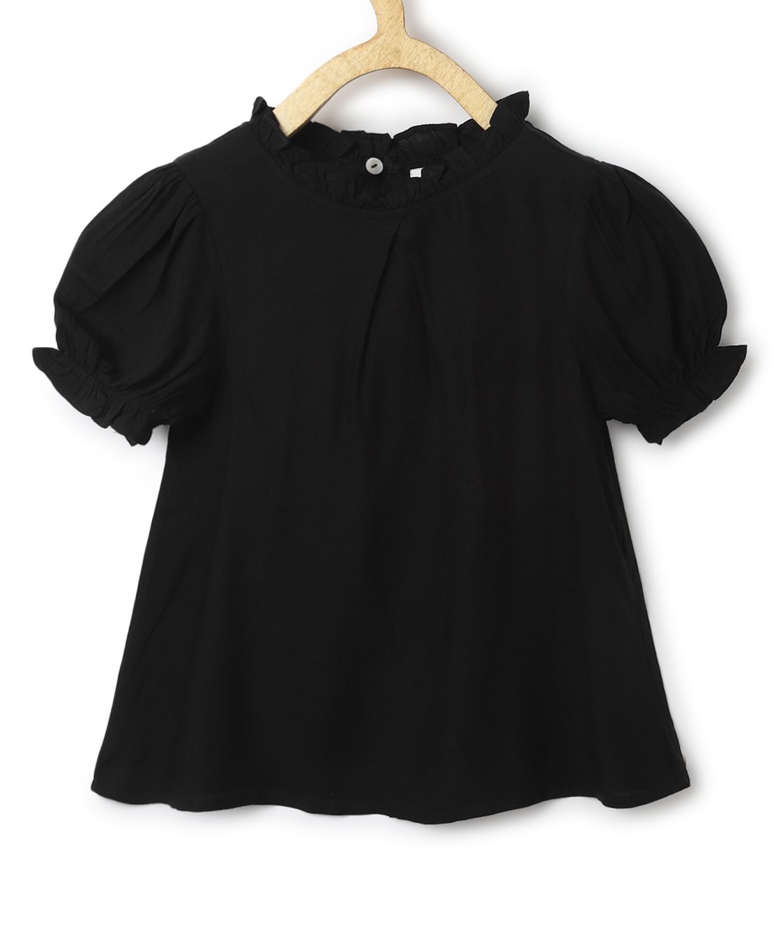 Chuppan Chupai Puffed Half Sleeves Ruffled Neckline Detailed Solid Flared Top - Black-picture-39