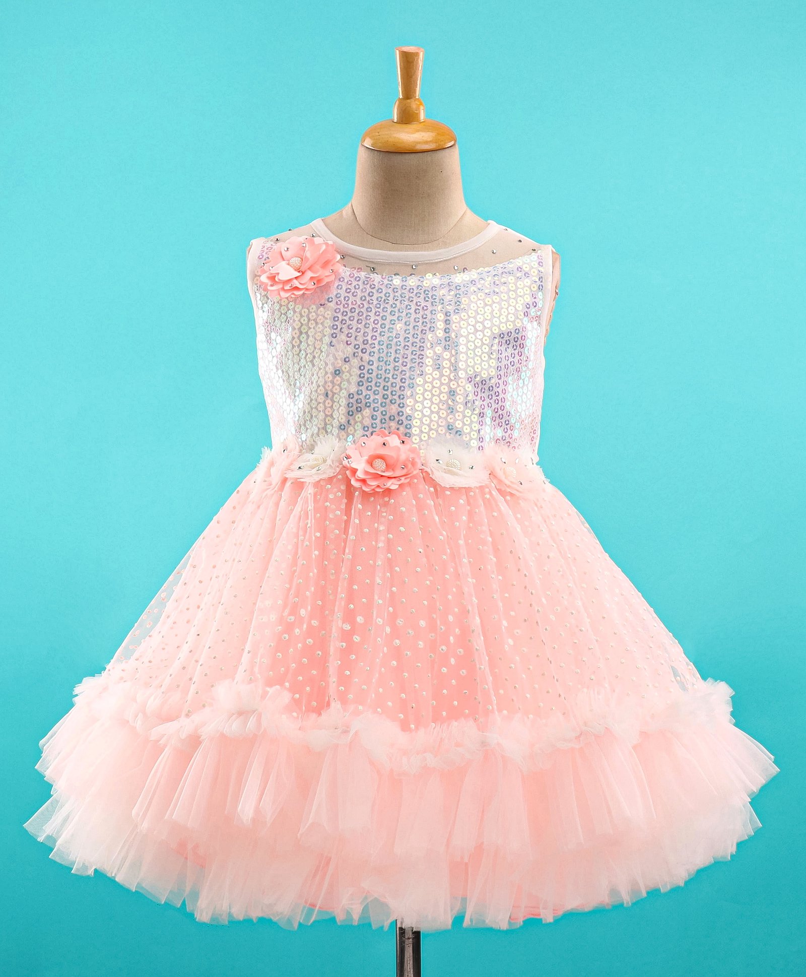 Bluebell Woven Sleeveless Party Dress with Floral Applique & Sequin Embellished - Peach-image-45