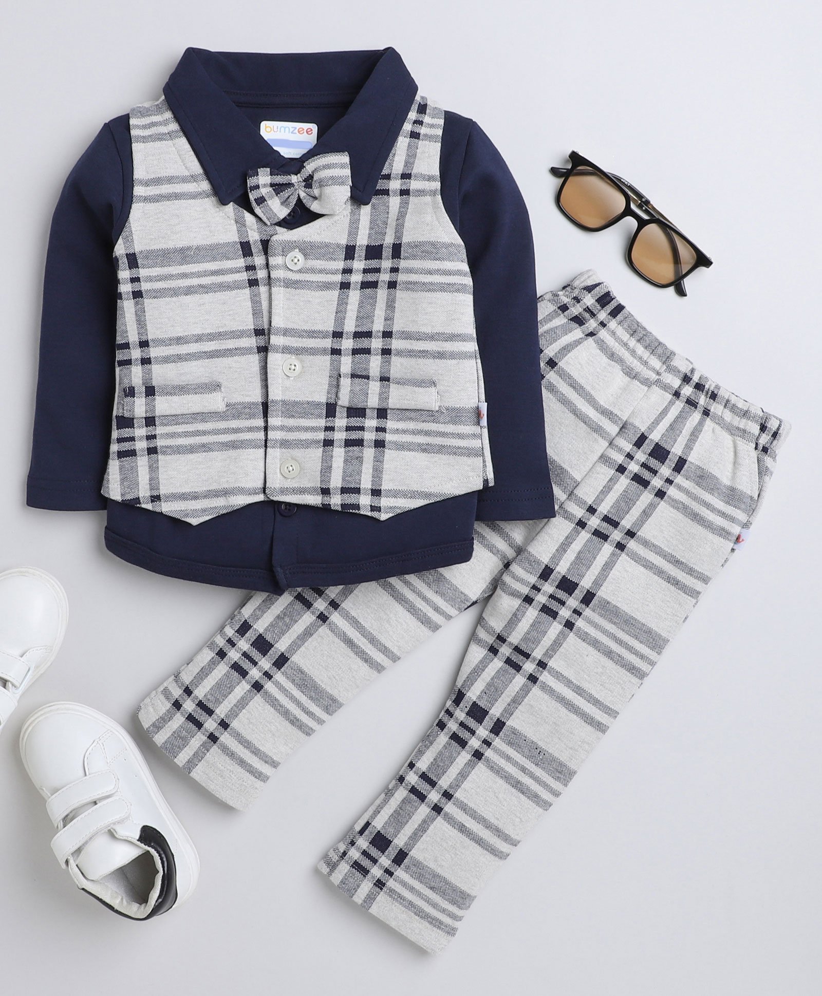 BUMZEE Full Sleeves Solid Shirt With Checkered Waistcoat & Coordinating Pant - Navy Blue-image-14