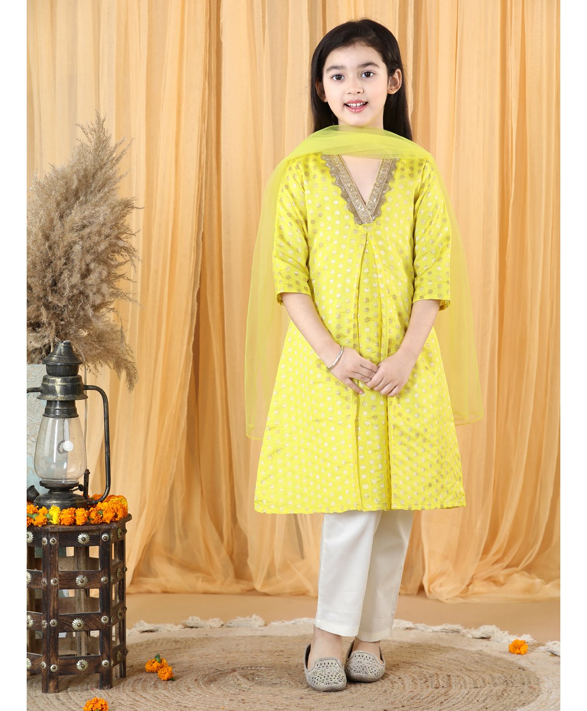 Piccolo Three Fourth Sleeves All Over Flower Motif Detailed A Line Silk Brocade Kurta With Salwar & Dupatta - Yellow-picture-28
