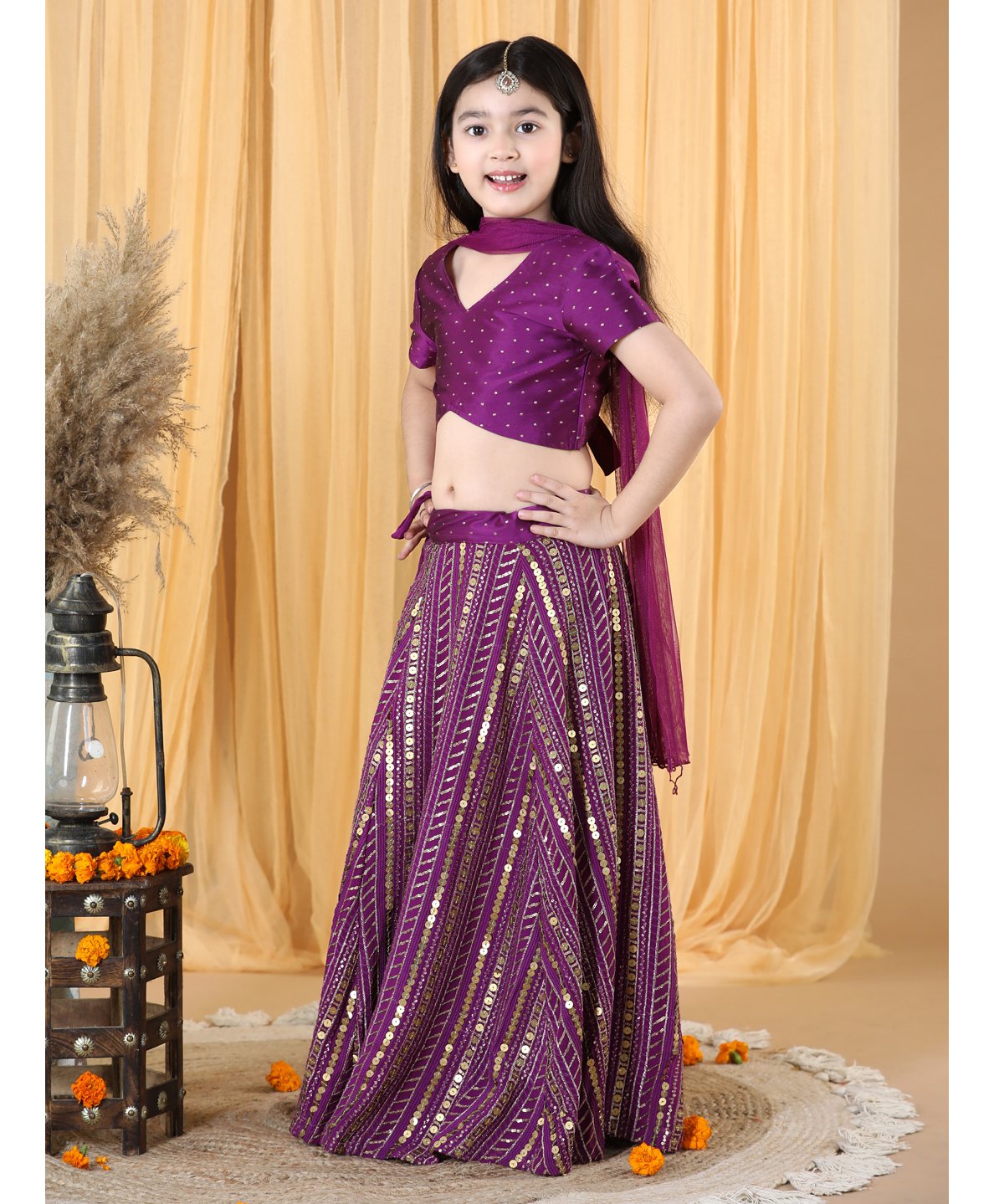 Piccolo Half Sleeves Coin Sequin Detailed Back Tie Up Brocade Choli With Seamless Striped Pattern Sequin Embellished Lehenga & Dupatta - Purple-image-45