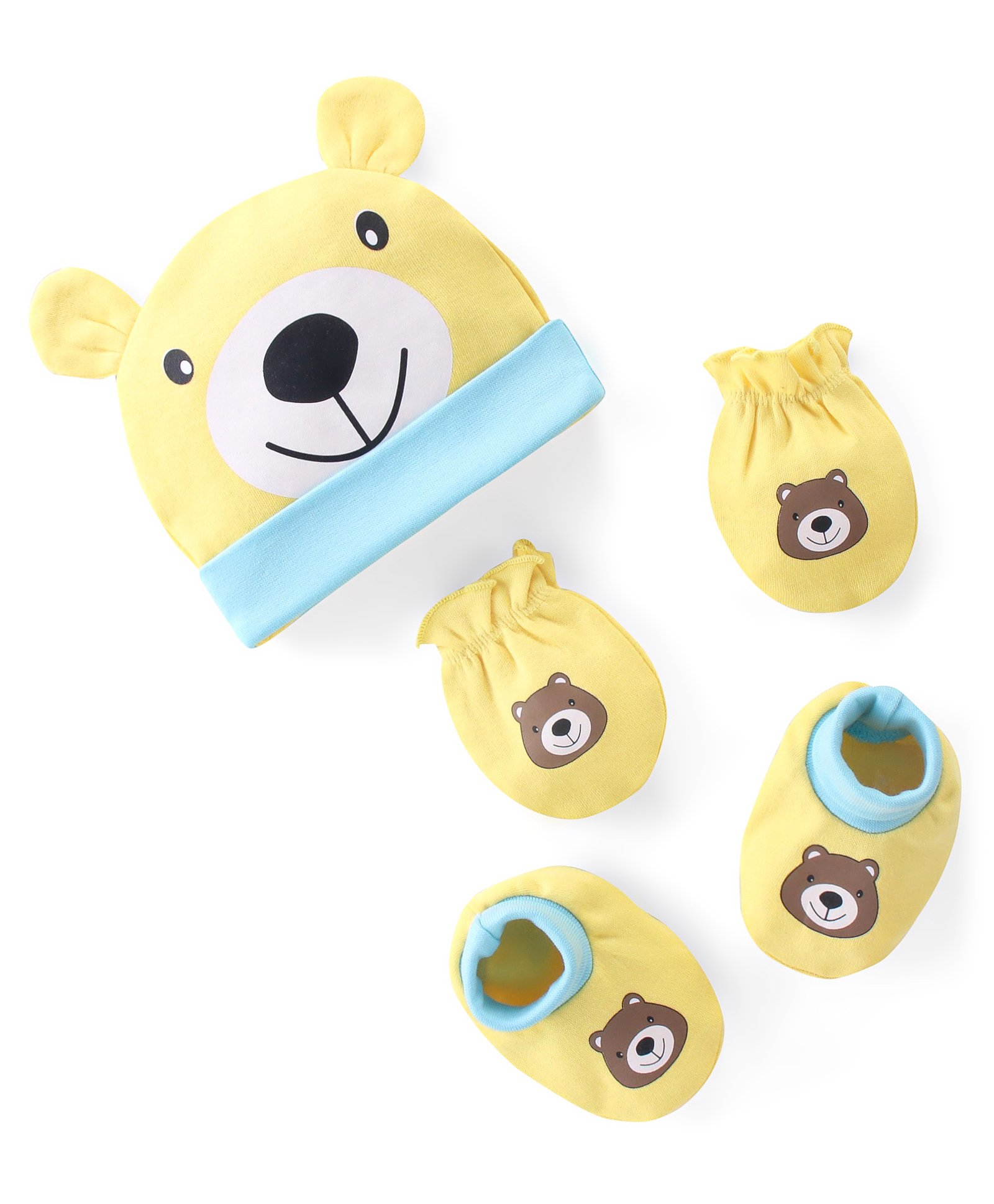 Babyhug 100% Cotton Cap Mittens & Booties Bear Print-  Yellow-image-24