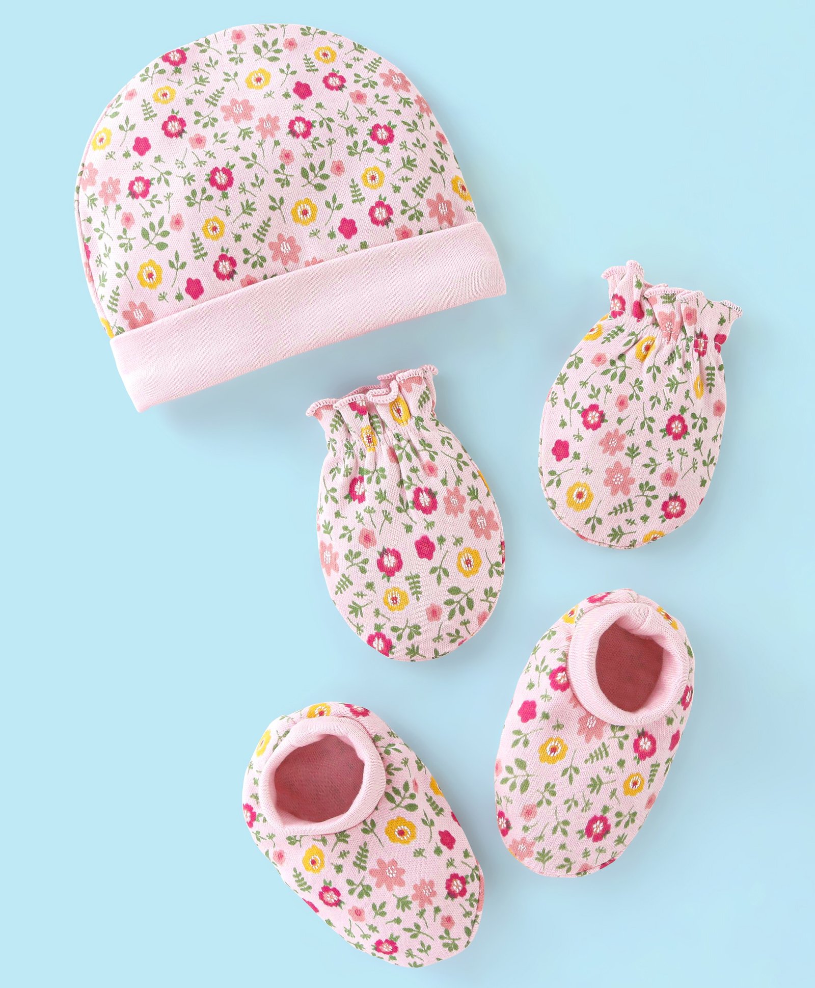 Babyhug 100% Cotton Cap Mittens And Booties Floral Print - Pink-image-45