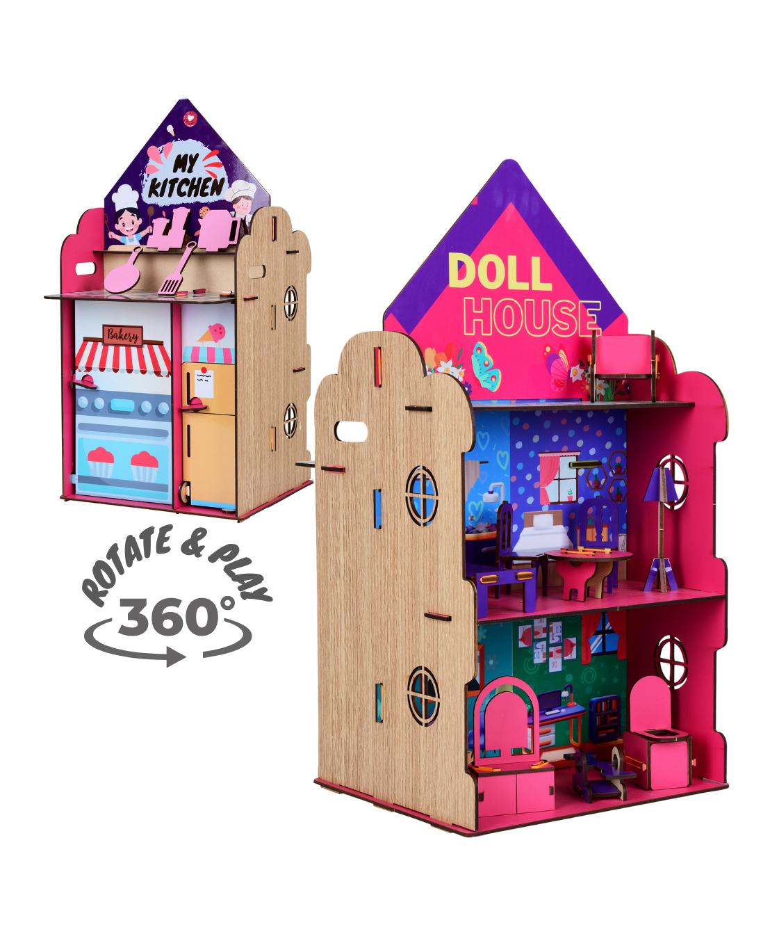 Wooden 2 in 1 Doll House and Kitchen Set with 10 Pieces Furniture and Appliances - Multicolor-image-48