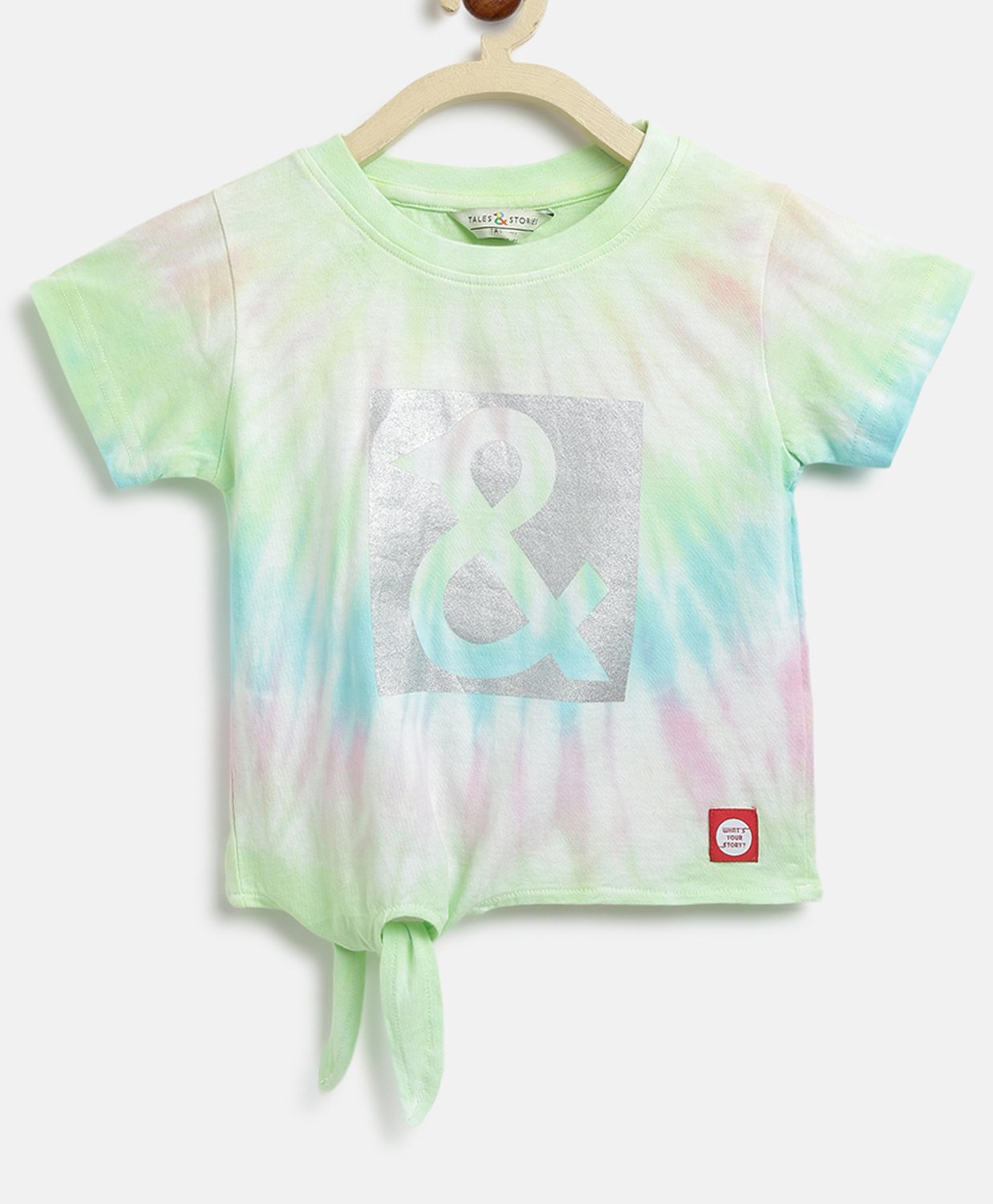 Tales & Stories Half Sleeves Spiral Tie & Dye Designed Front Tie Up Tee - Green-picture-13