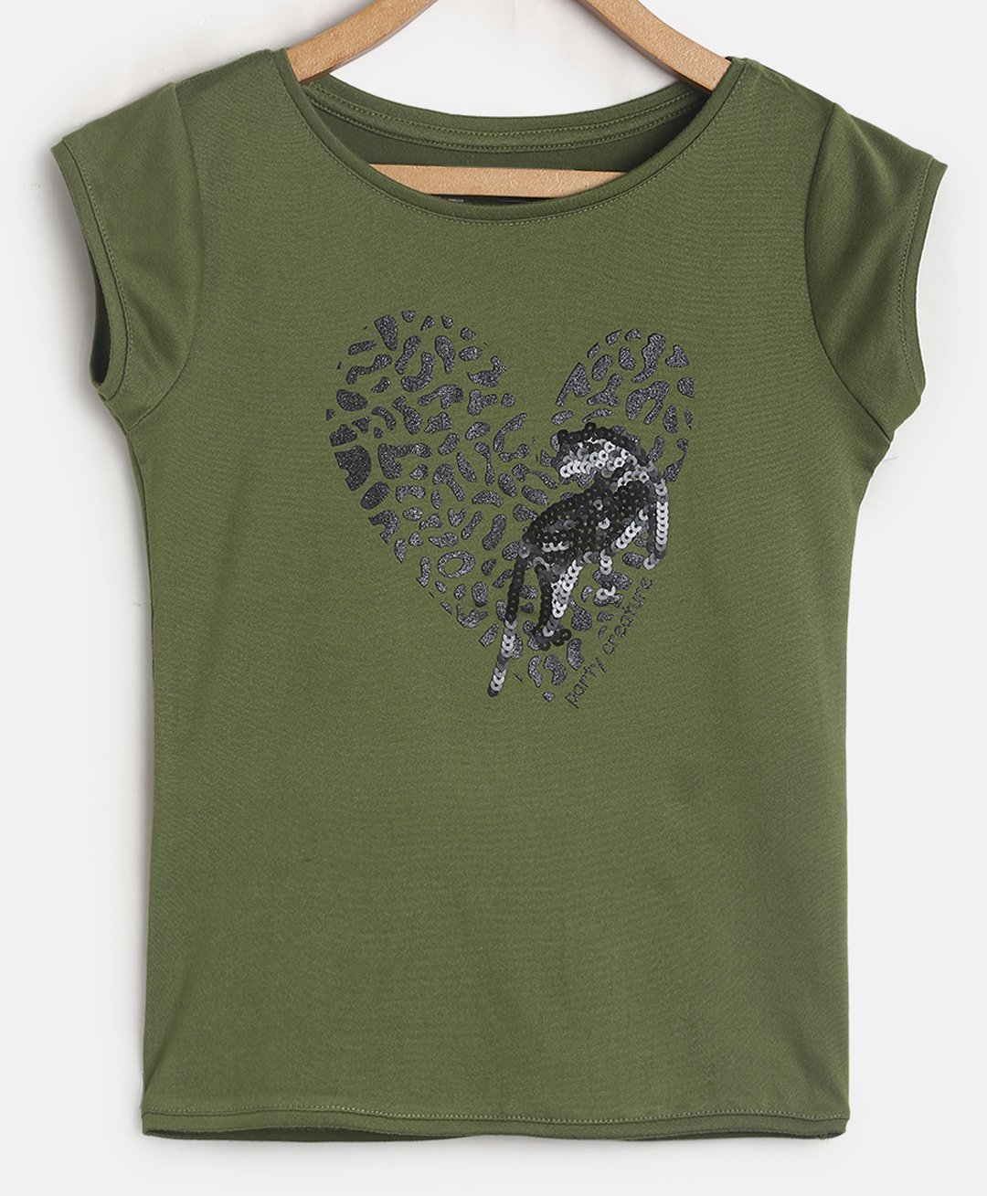 Tales & Stories Cap Sleeeves Sequins Embellished Heart & Animal Design Tee - Olive Green-image-46