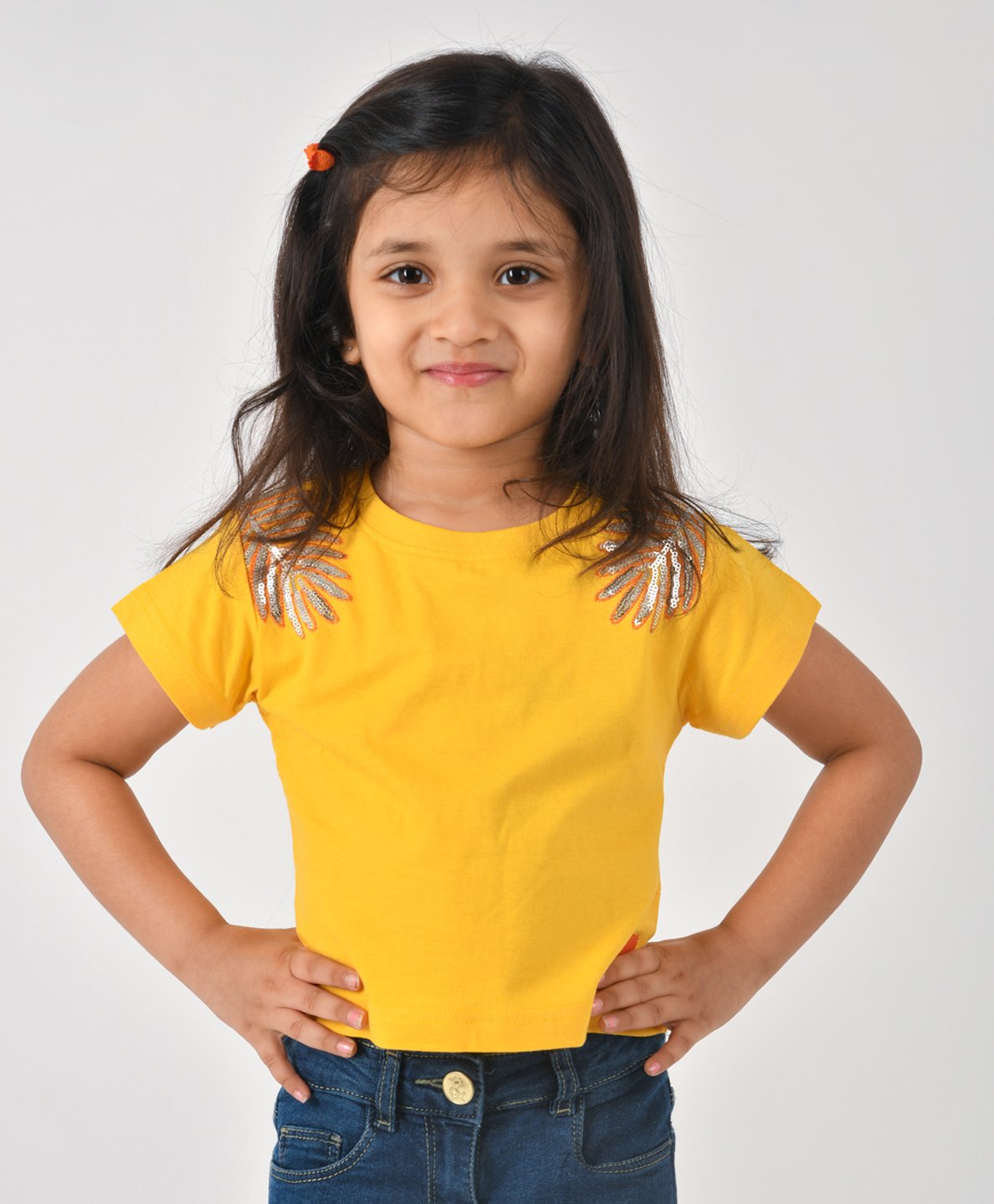 Tales & Stories Half Sleeves Leaf Design Sequins EmbellishedRegular Fit Tee - Yellow-image-3