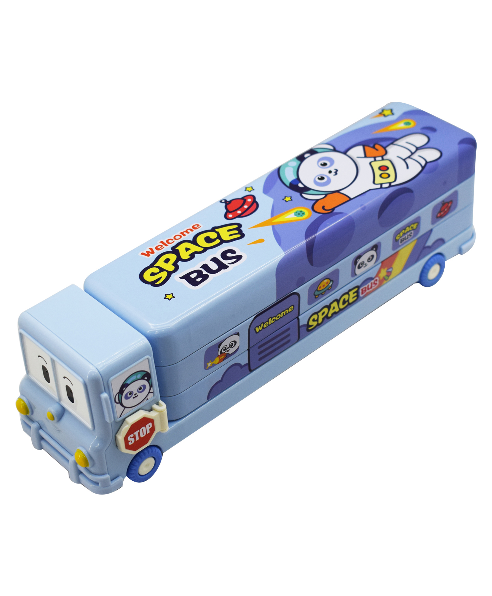 Asera Unicorn Metal Pencil Box in Bus Shape with Moving Wheels - Blue-picture-33