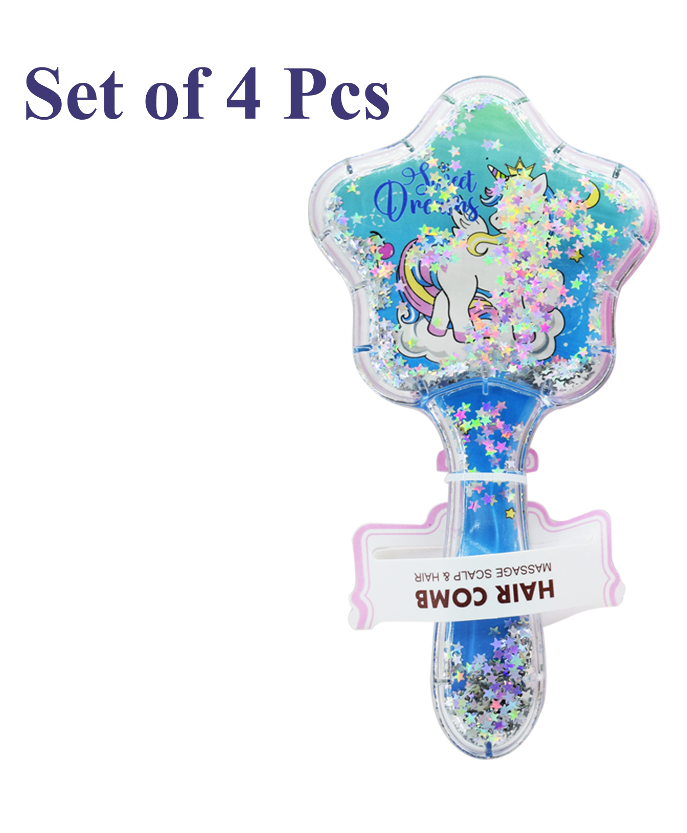 Asera Cute Unicorn Theme With Glittery Star Shape Hair Brush Pack Of 4 - Blue-image-45