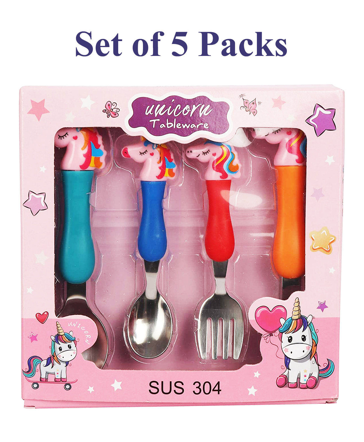 Asera Unicorn Theme Stainless Steel Baby Feeding Spoon and Fork Pack of 5 - Multicolour-picture-45