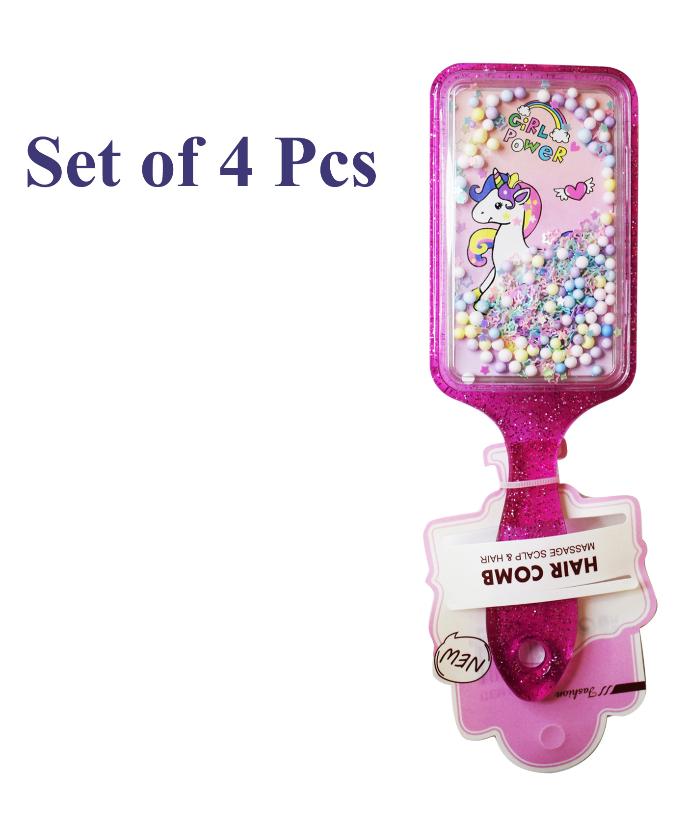 Asera Unicorn Theme With Glittery Rectangular Shape Hair Brush Pack Of 4 - Pink-image-40