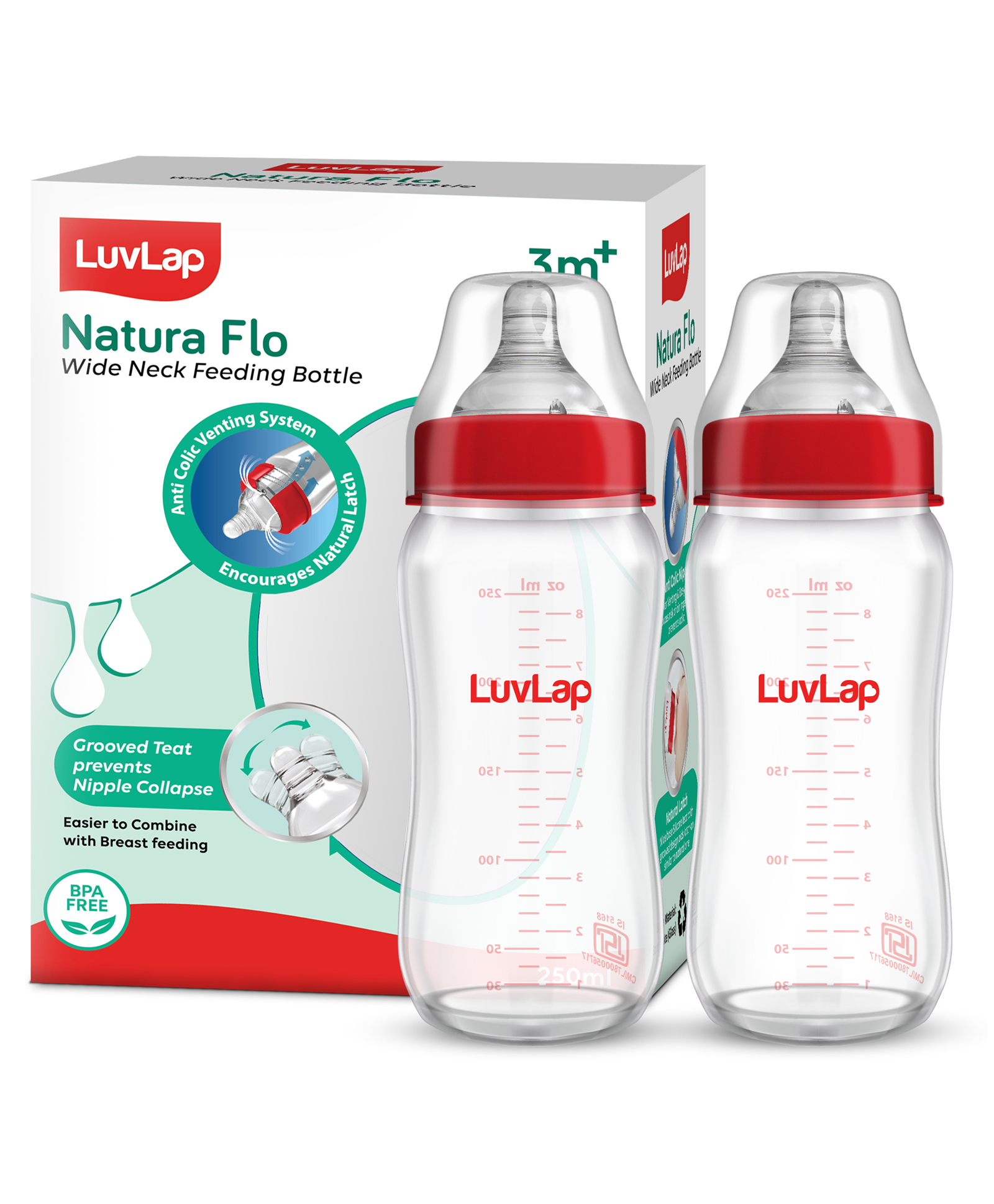 LuvLap Natura Flo Glass Feeding Bottle, 250ml, BPA Free, Anti-Colic Nipple, Pack of 2, Transparent-picture-11