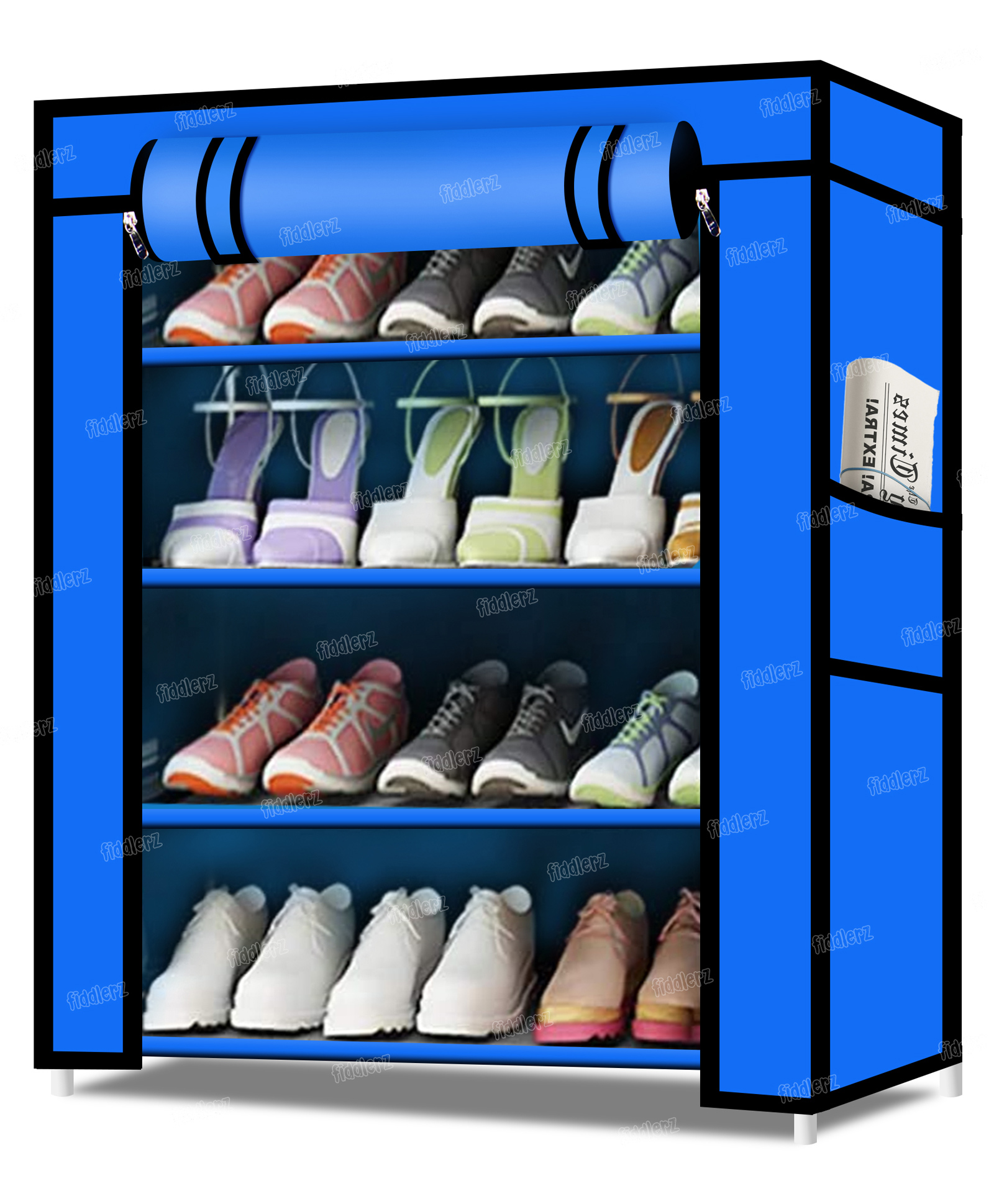 Fiddlerz Multipurpose 4 Shelves Shoe Rack Cabinet with Zip Door Cover Side Pockets Collapsible Shoes Shelf Shoerack Multiuse Storage Organizer for Footwear Toys Clothes(Non Woven Fabric) Blue-image-49