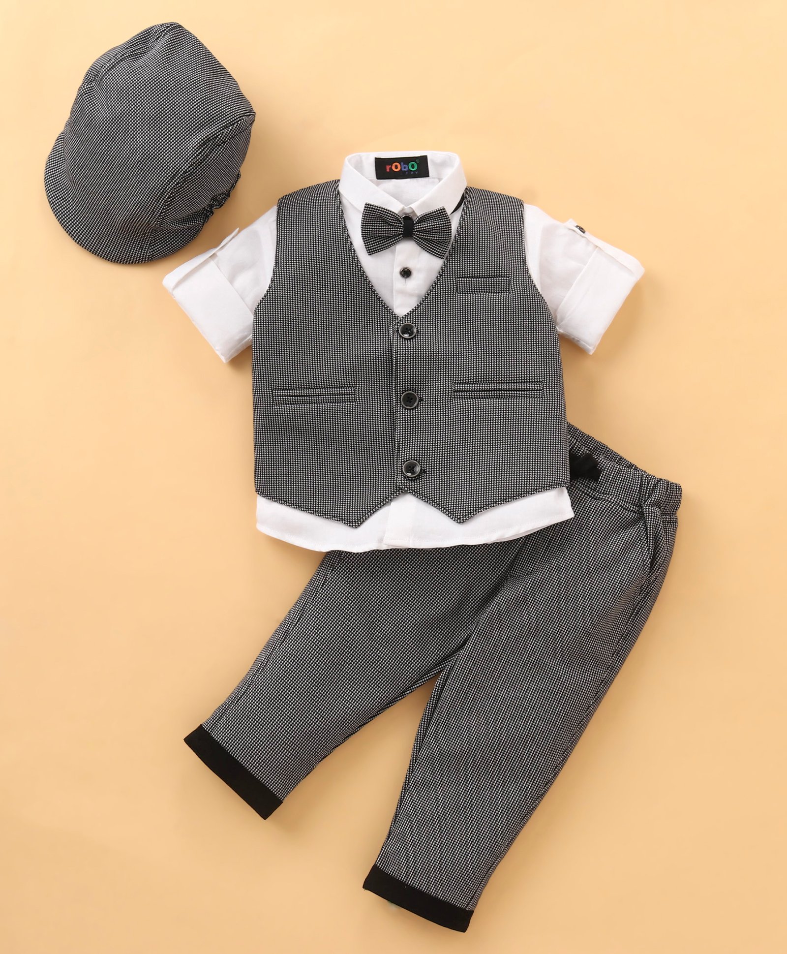 Robo Fry Full Sleeves Party Suit With Bow & Cap Checkered - Grey-image-27