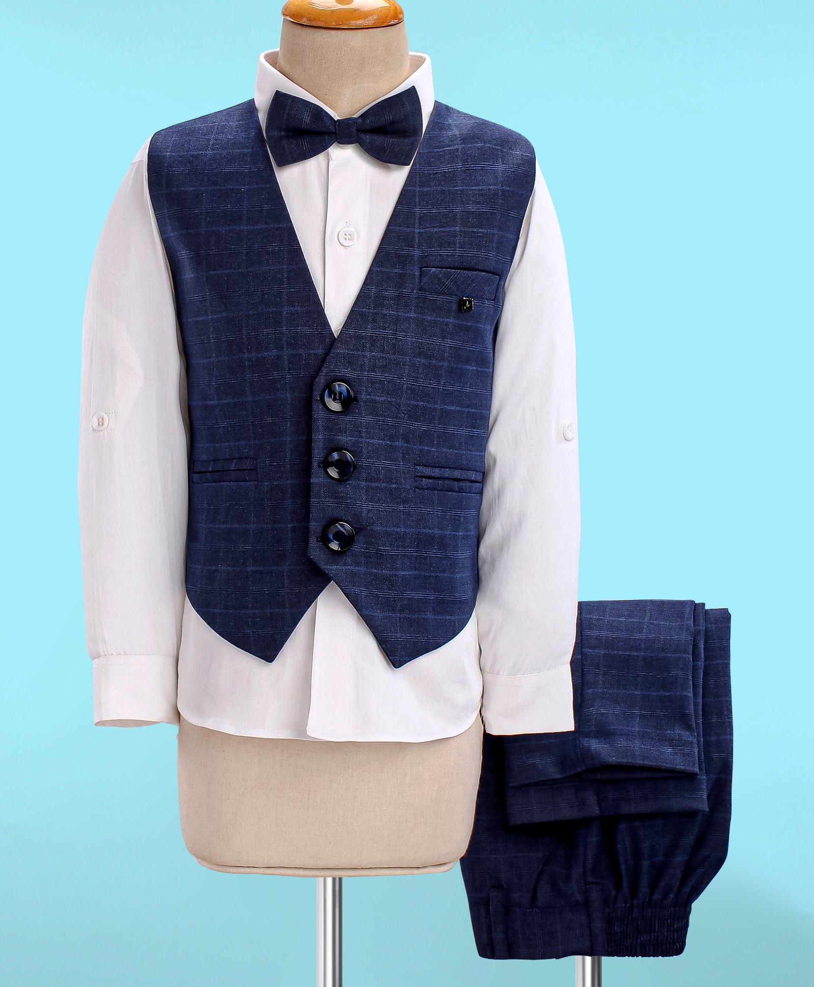 Robo Fry Cotton Full Sleeves Checked Party Suit With Waistcoat & Bow- Blue-picture-12