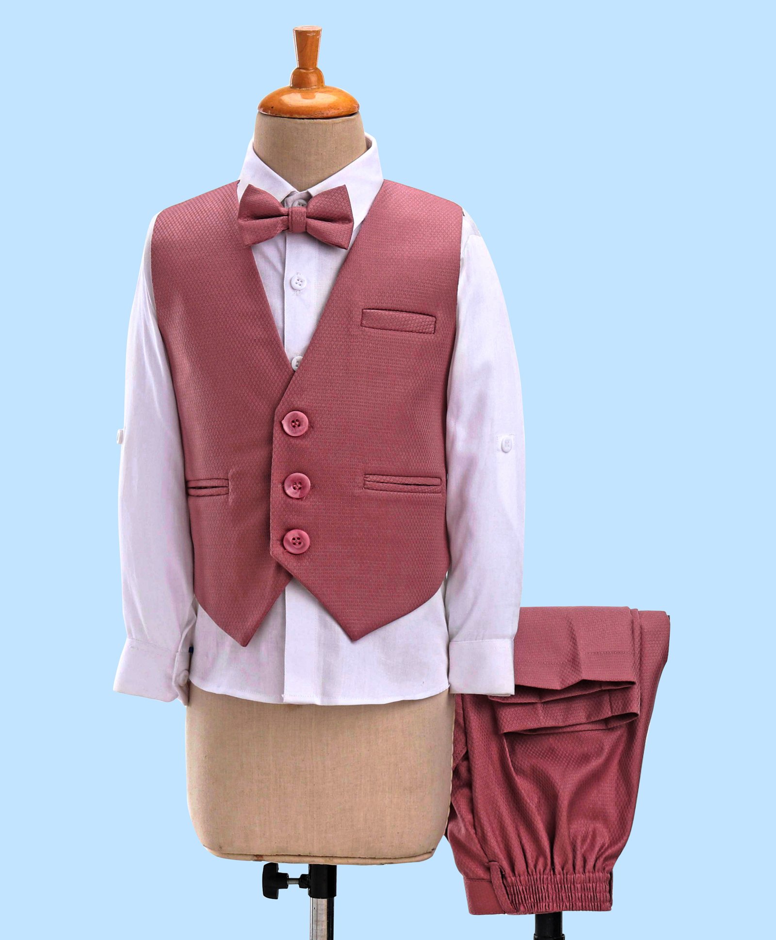Robo Fry Cotton Full Sleeves Solid Party Suit With Waistcoat & Bow- Peach-picture-15