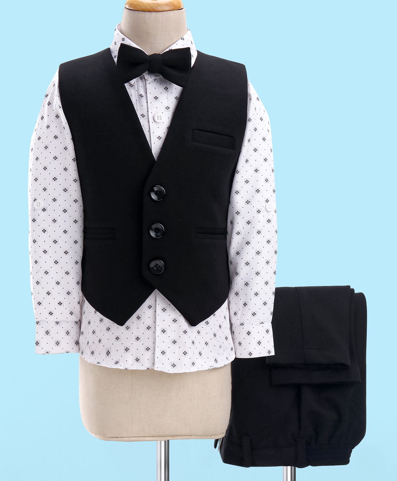 Robo Fry Cotton Full Sleeves Printed Party Suit With Waistcoat & Bow- Black-picture-29