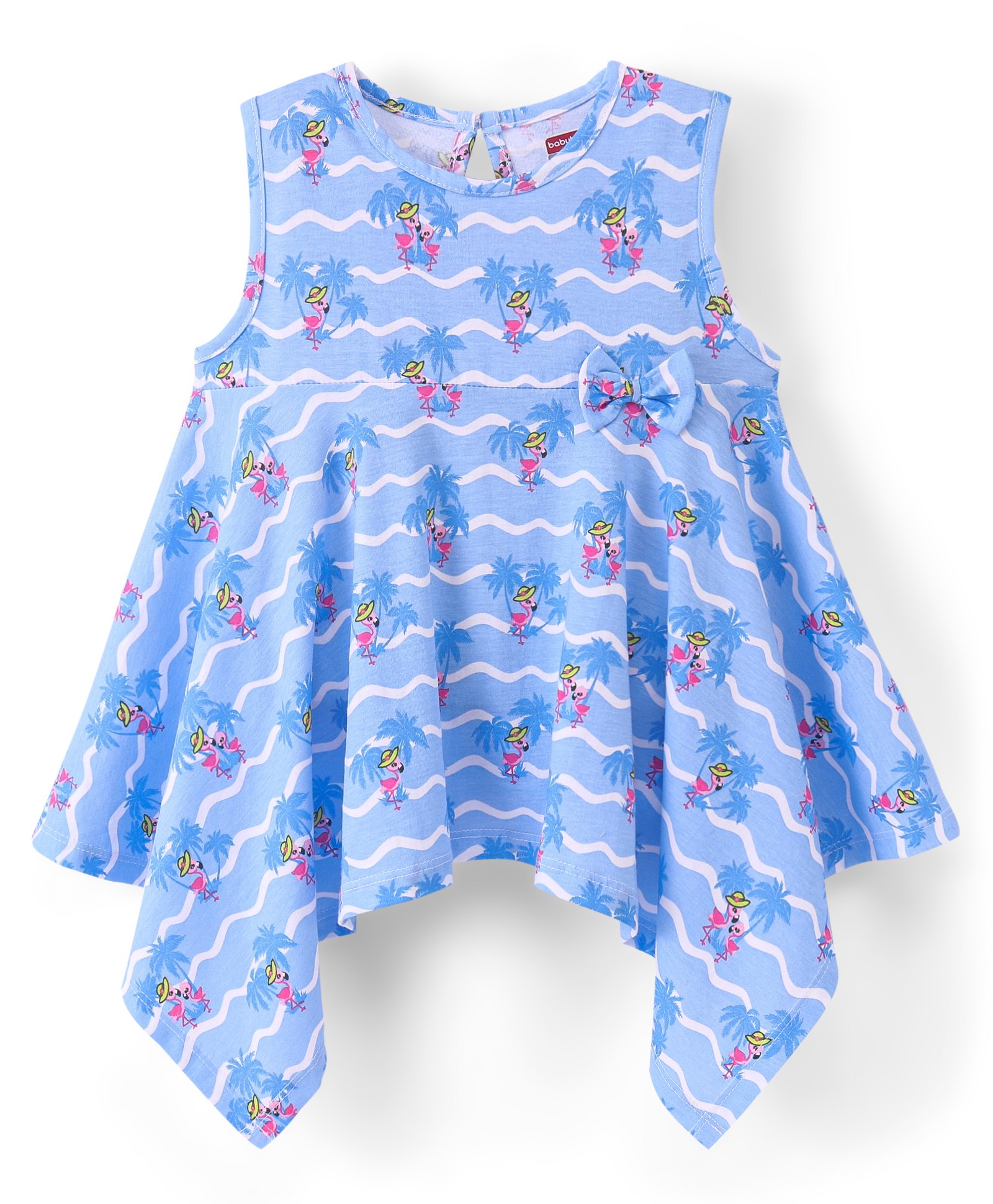 Babyhug 100% Cotton Sleeveless Knit Top With Bow Detailing Flamingo Print- Blue-image-0