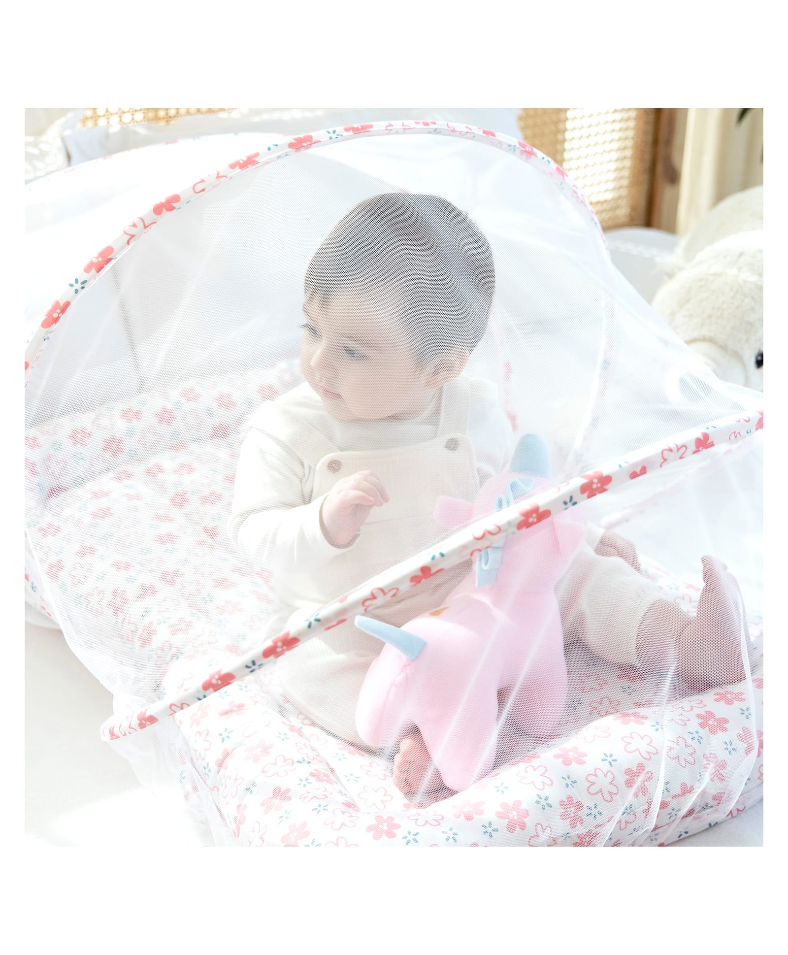 Tidy Sleep Baby Bed With Mosquito Net & Neck Pillow Baby Gadda Set For New Born Flower Printed - Pink-picture-18
