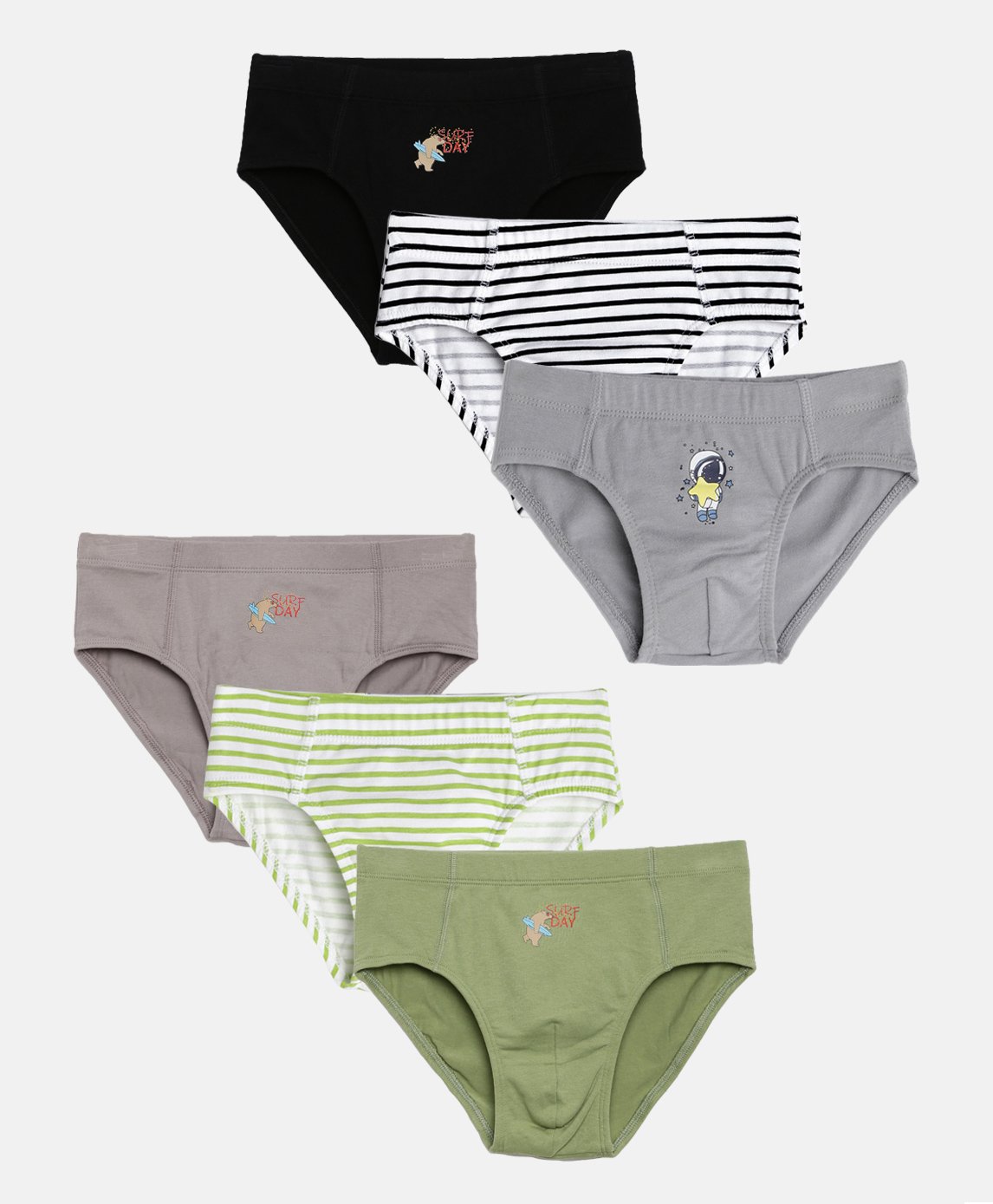 Mackly Pack Of 6 Striped & Astronaut Printed Briefs - Grey Green & Black-picture-8
