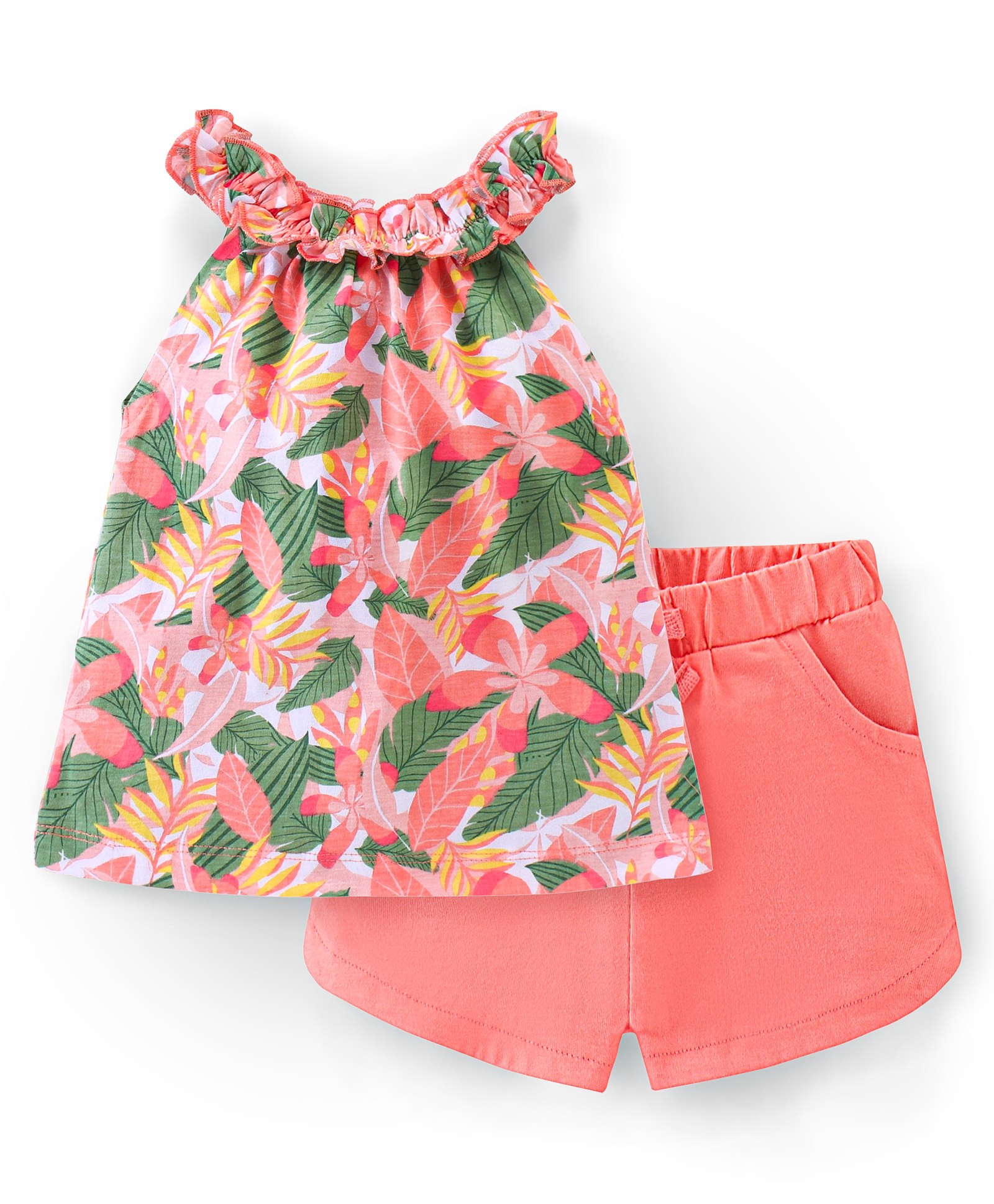Babyhug 100% Cotton Knit Sleeveless Top and Shorts Floral Print - Green & Coral-image-39