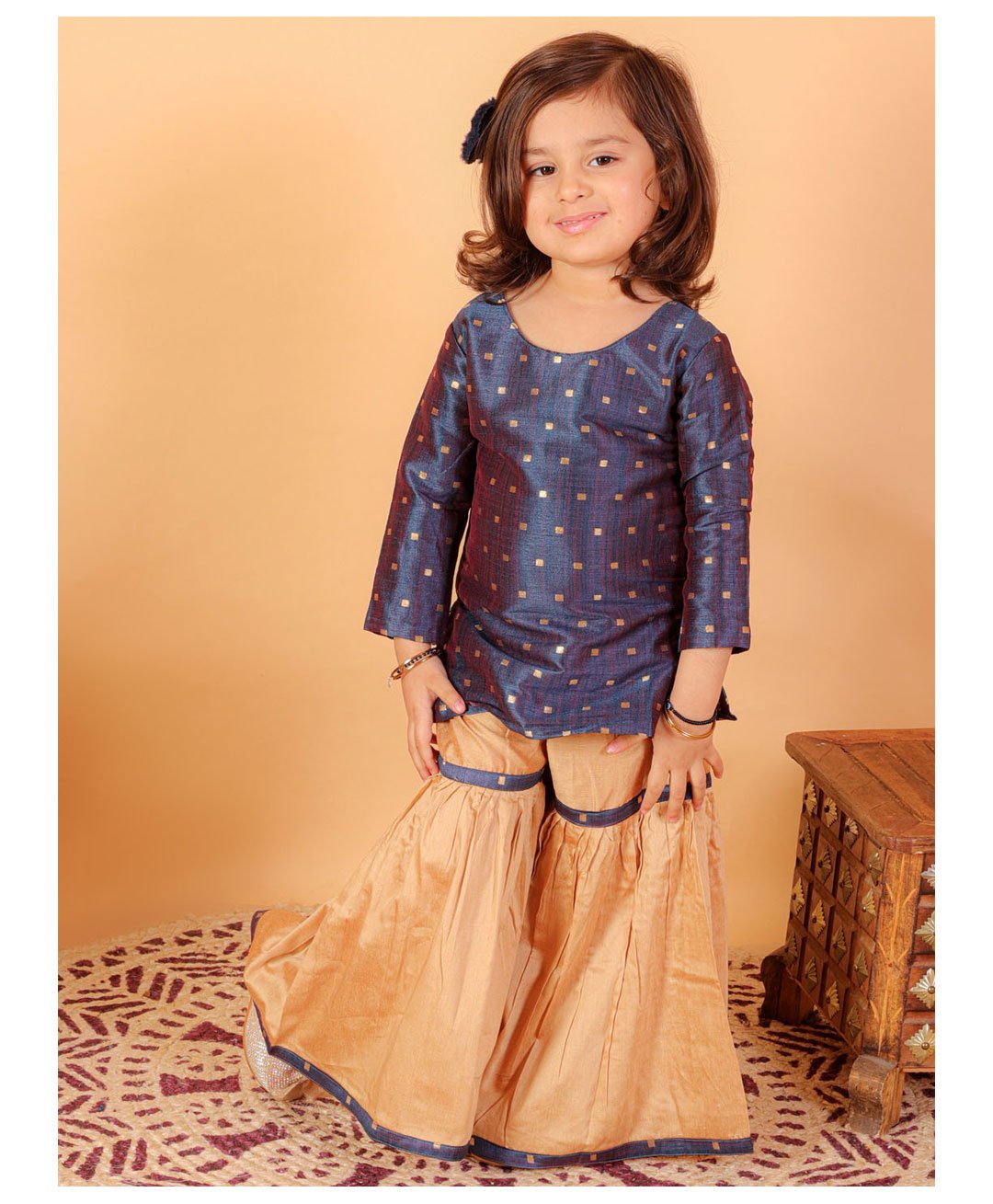Vastramay Three Fourth Sleeves All Over WivenCubic Motif Designed Kurta With Coordinating Sharara - Blue & Rose Golden-image-30