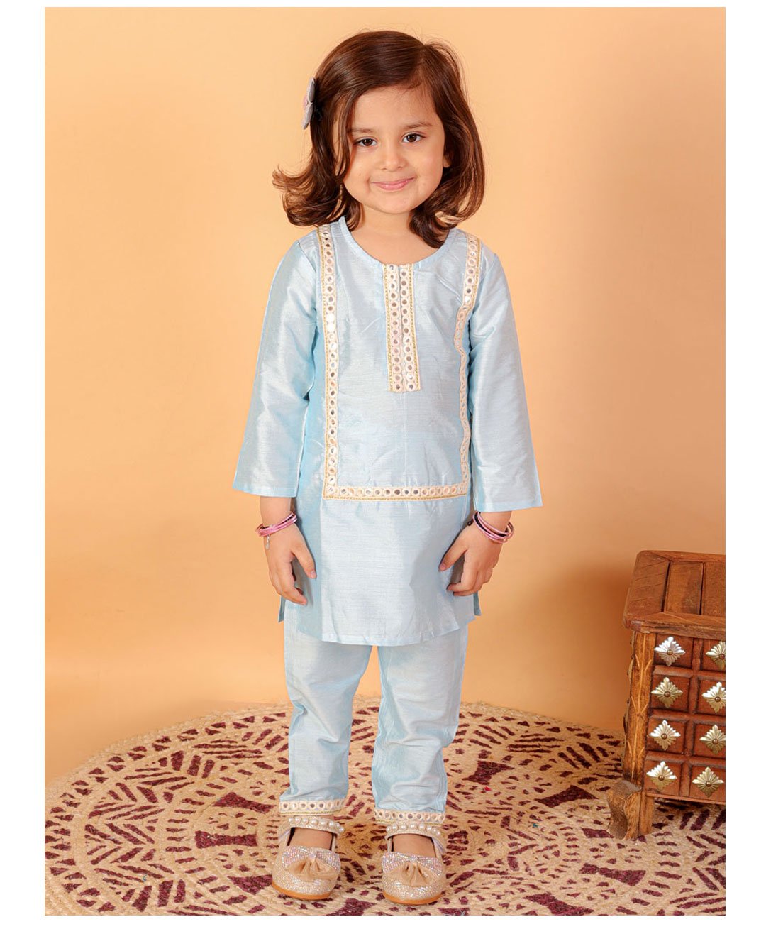 Vastramay Full Sleeves Mirror Work Embellished & Placement Embroidered Kurta With Salwar - Aqua Blue-image-34