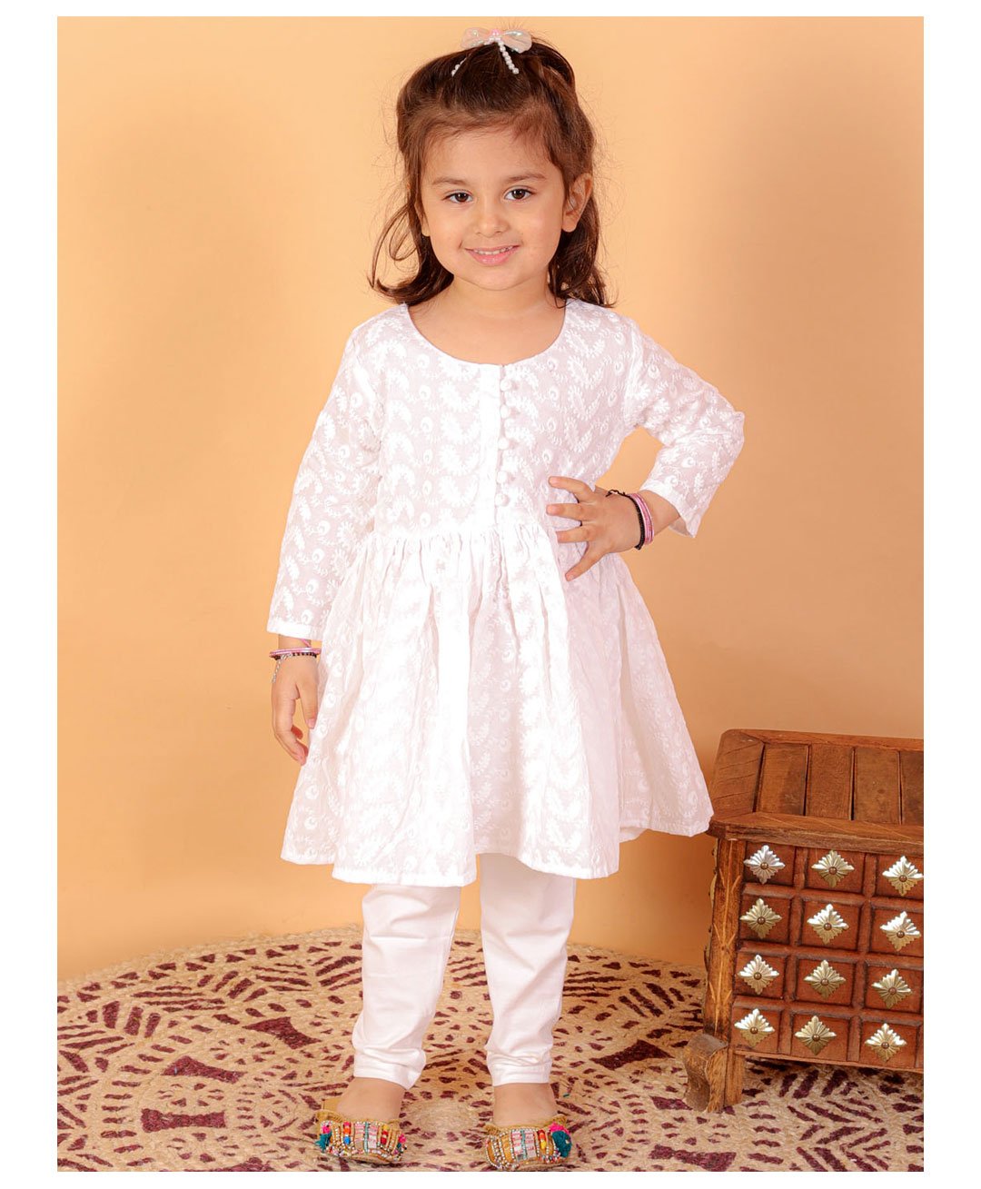 Vastramay Pure Cotton Full Sleeves Seamless Paisley Chikankari Embroidered Peplum Kurta With Leggings - Mustard White-picture-15