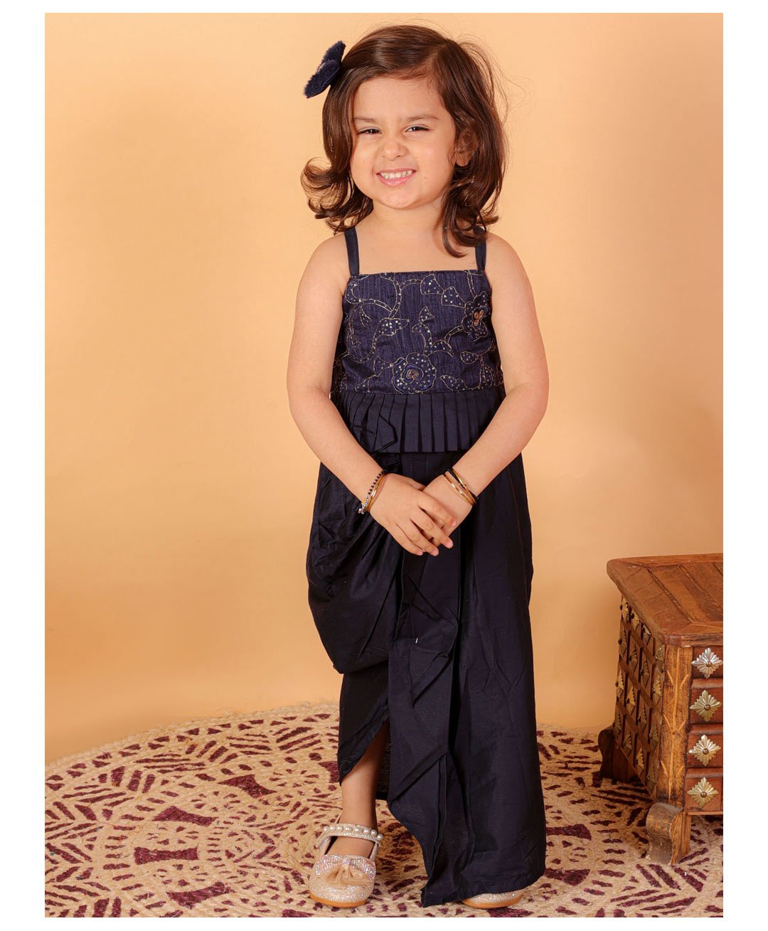 Vastramay Sleeveless Floral Embroidered & Sequin Embellished Pleated Hem Crop Top With Mock Dhoti Style Draped Skirt - Navy Blue-picture-16